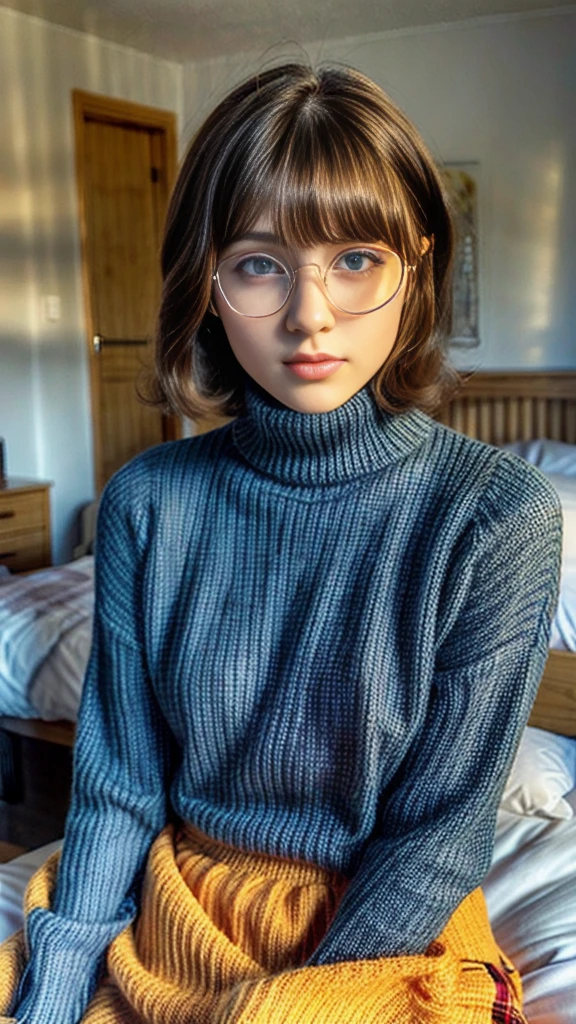 High Definition, 8k quality, Masterpiece, velma, huge dream girl , beautiful face, kiss lips, short bob hairstyle, long bangs, perfect make up, realistic face, detailed eyes, Blue eyes, Brown hair, eyelashes, mouth slightly open, bedroom, sitting in bed, showing cameltoe, eyes to the viewer, orange knit turtleneck sweater, glasses with clear lenses, red  skirt,