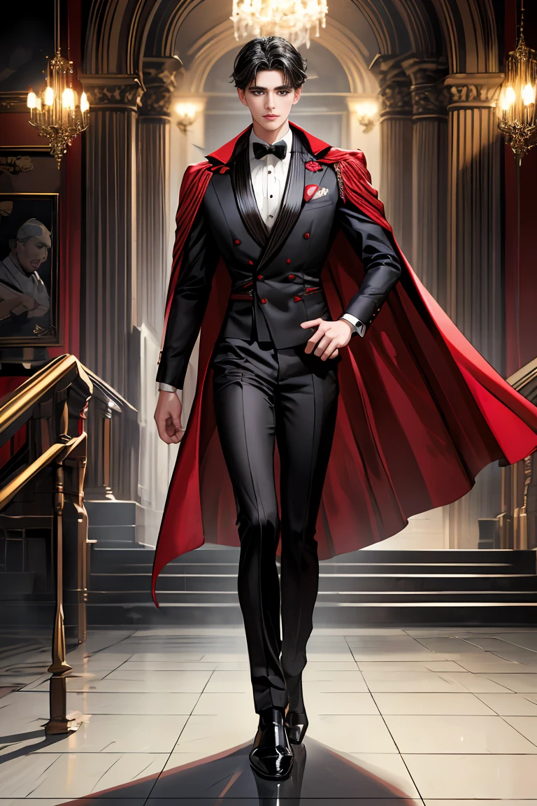 masterpiece, 最high quality, high quality, 1 boy, alone, Male focus, Watching the audience, Messy black hair, Adorable big blue eyes, White people, Noble, Noble,Sexy voluminous black and red cape、Tuxedo、A very voluminous, large, very large, very large, long, long red and black cape with a high stand-up collar, reaching down to the floor, made of a lot of fabric., ,Cute beautiful boys,Cute, cute, kind, handsome guy