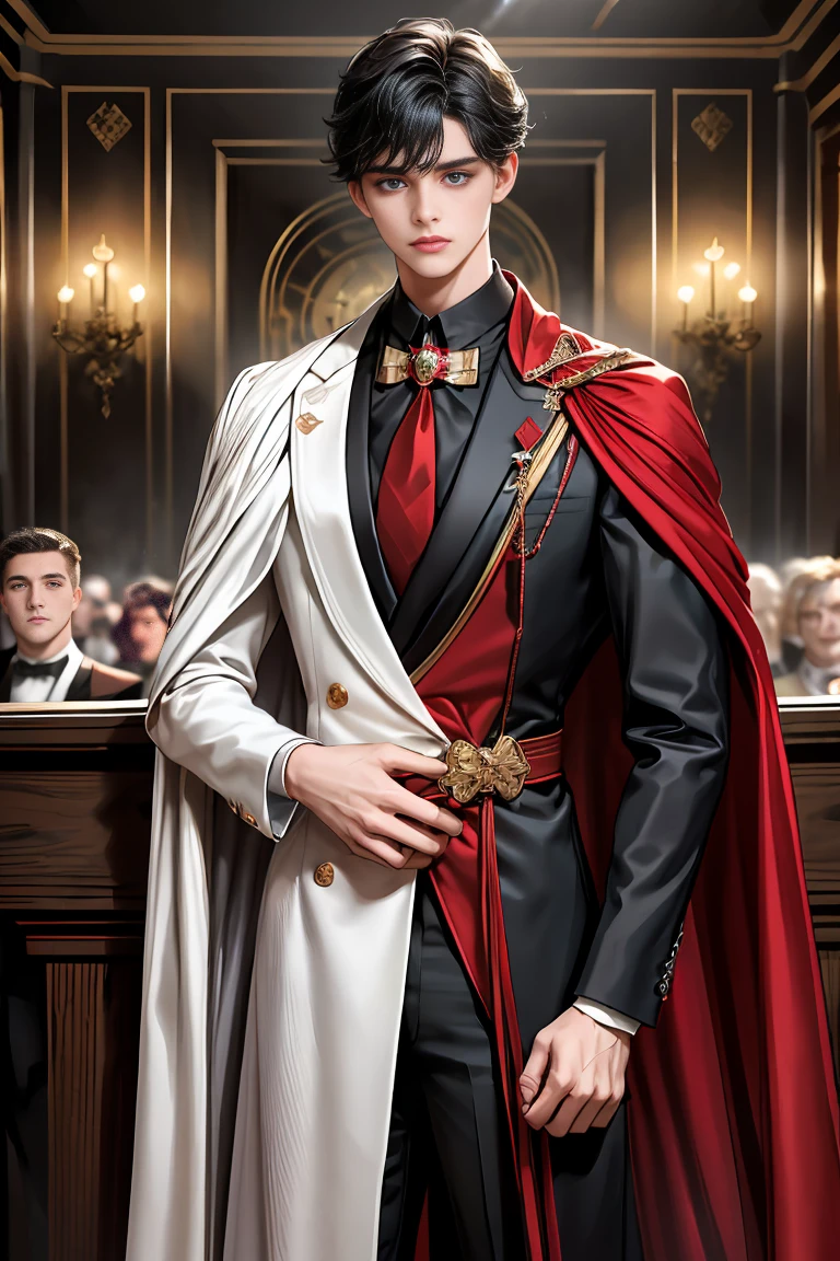 
masterpiece, 最high quality, high quality, 1 boy, alone, Male focus, Watching the audience,  Messy black hair, Adorable big blue eyes, White people, Noble, Noble,Sexy voluminous black and red cape、Tuxedo、A very voluminous, large, very large, very large, long, long red and black cape with a high stand-up collar, reaching down to the floor, made of a lot of fabric., 17 years old,Cute beautiful boys,Cute, cute, kind, handsome guy