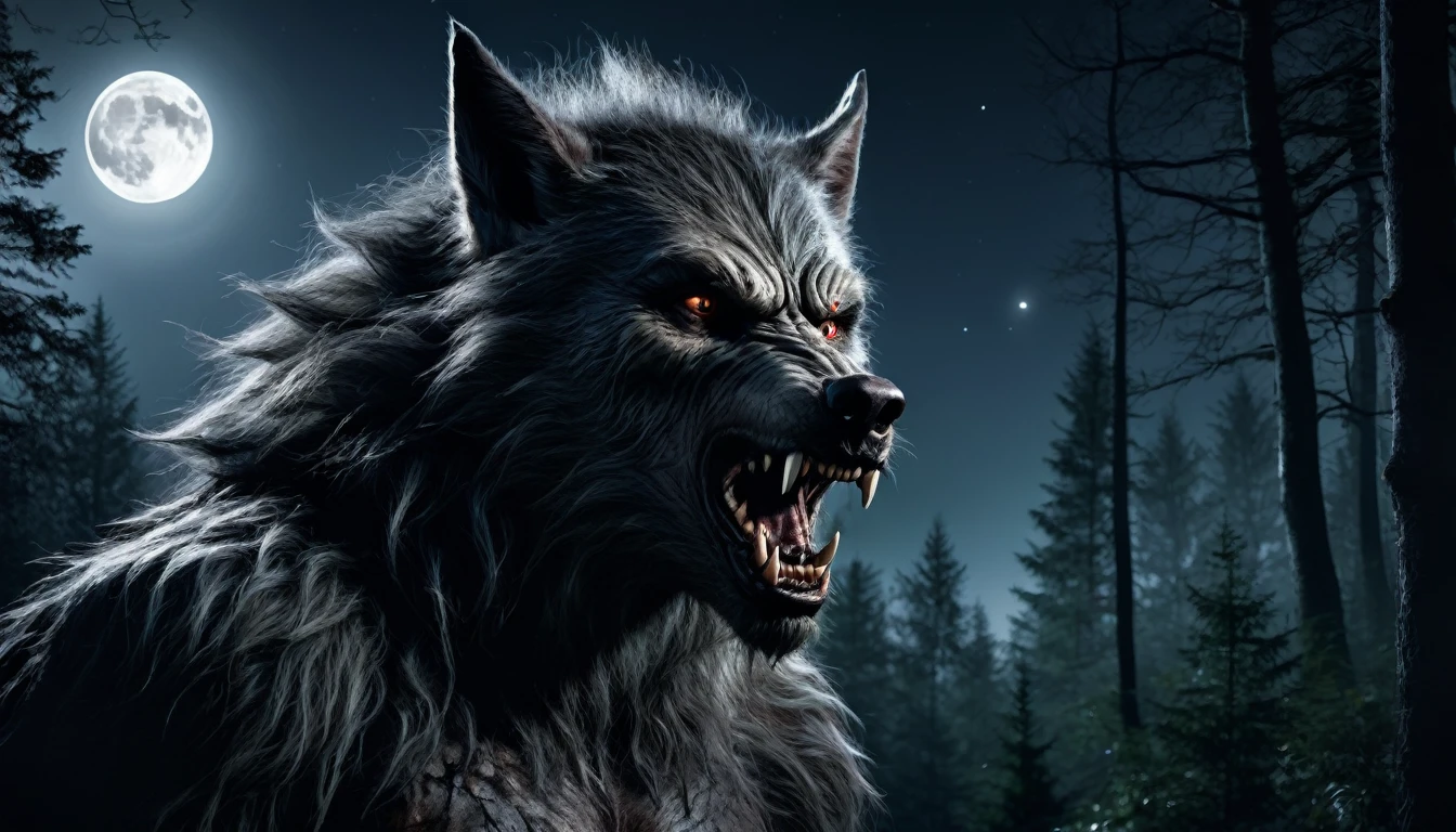 An image of a man in the form of a werewolf in the forest with a full moon, PICTURE REALISTIC ,high resolution, 8K