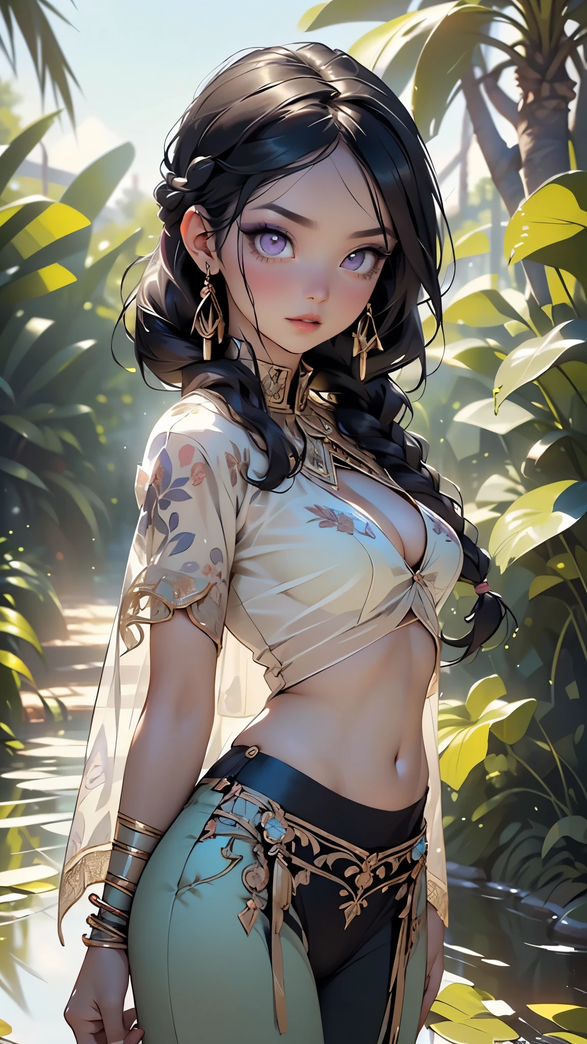 girl from ancient Egypt,1girl,
(large breasts:1.4),((((long twin braids,tight braids,long braid,braided hair,long hime cut,dark hair,black hair,colored inner hair)))),(((purple_eyes:1.3))),intricate eyes,beautiful detailed eyes,symmetrical eyes,((((lustrous skin:1.5,tanned skin,bright skin: 1.5,skin tanned,shiny skin,very shiny skin,shiny body,Reflective skin)))),(spider lower abdomen,narrow waist,wide hip,athletic body,inflated legs,thick thighs,delicate detailed fingers,(detailed face)),beautiful detailed lips,
cute,slutty,sensual,seductive look,seductive,((erotic)),opulent,sumptuous,((nsfw)),
zettai ryouiki,revealing clothing,show skin,cleavage,((underboob)),(((barefoot))),((harem bikini, harem beauty, beautiful alluring,transparent harem pants,((low-rise belly dance pants)),see-through pants)),((intricate harem outfit)),harem accessories,(harem jewelry in her arms),earrings,(((eyeshadow,egyptian makeup,eyelid makeup))),(((turquoise clothes:1.5,turquoise outfit:1.5,Transparent cloth:1.1,wet clothes,intricate outfit,embroidered outfit,ornate outfit,intricate cloth,embroidered cloth,ornate cloth))),
(flirtatious pose:1.3), looking at viewer,embarrassed,centered,scale to fit dimensions,Rule of thirds,
outdoors,(Bedouin tents,Bedouin tents background),scenery,(oasis,oasis background),extremely scenery,(puddles everywhere,moss,moss on the background),clouds,arabian style,palms,(sunset, golden hour),
(Glossy Egyptian ornaments),highres,sharp focus,(ultra detailed,extremely detailed),(photorealistic artwork:1.37),(extremely detailed CG unity 8k wallpaper),(((vibrant colors,vibrant theme))),(intricate),(masterpiece),(best quality),artistic photography,(photography taken by sldr),(intricate background),perfect rendered face,perfect face details,realistic face,photo realistic,((intricate detail)),(((realism))),