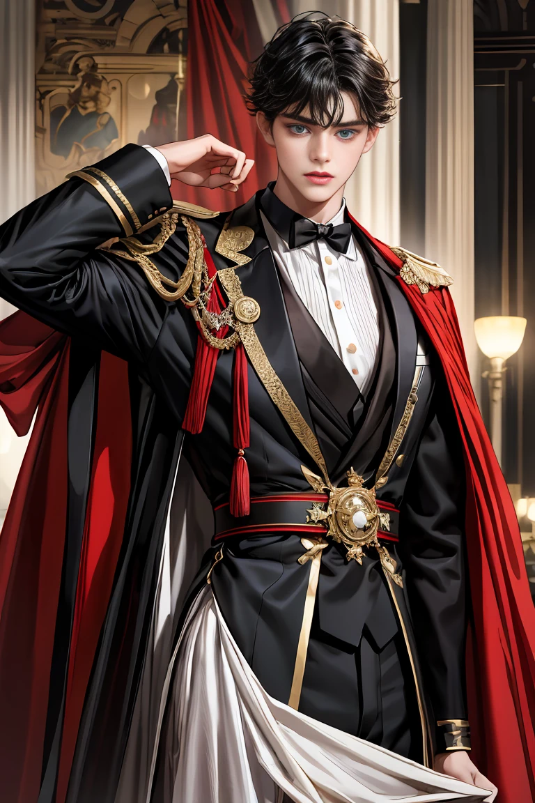masterpiece, 最high quality, high quality, 1 boy, alone, Male focus, Watching the audience, Messy black hair, Adorable big blue eyes, White people, Noble, Noble,Sexy voluminous black and red cape、Tuxedo、A very voluminous, large, very large, very large, long, long red and black cape with a high stand-up collar, reaching down to the floor, made of a lot of fabric., ,Cute beautiful boys,Cute, cute, kind, handsome guy