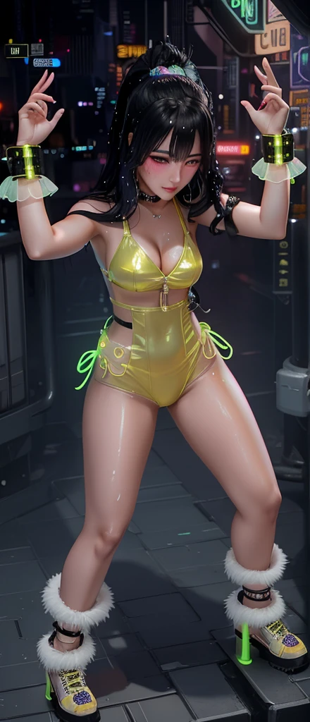 In a world filled with neon lights and pixelated shadows, Cropped shoulders, Bikini, Big thighs, oily skin, a tech-savvy peculiar digital detective stands out. Picture this scene: a digital painting showcasing a young detective with sleek gadgets and a sharp intellect. The image is immersive, with vibrant colors and intricate details that bring the character to life. The artist's skill is evident in the flawless blending of cyberpunk elements with a classic detective noir aesthetic. The high-quality image invites viewers to delve into a futuristic mystery where technology meets sleuthing. (Blushing:1.3), Milf, , Wet skin, Wet in miss V, Oil skin, Ahegao face