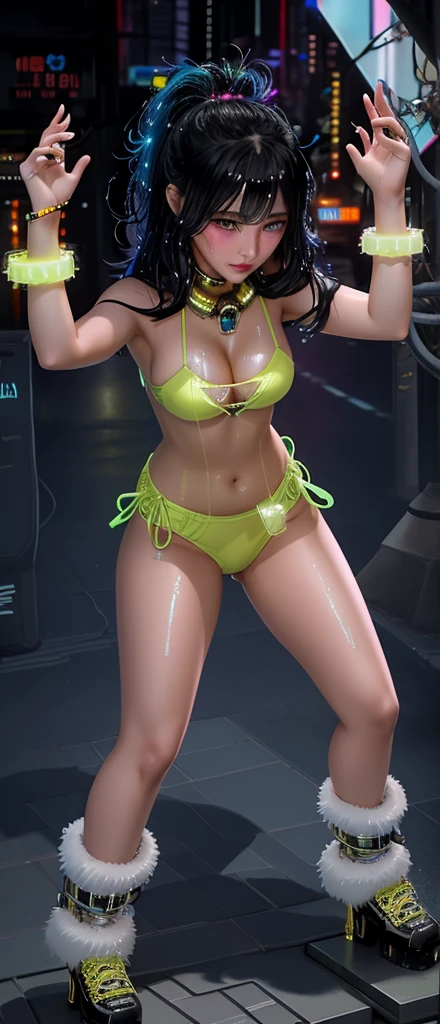 In a world filled with neon lights and pixelated shadows, Cropped shoulders, Bikini, Big thighs, oily skin, a tech-savvy peculiar digital detective stands out. Picture this scene: a digital painting showcasing a young detective with sleek gadgets and a sharp intellect. The image is immersive, with vibrant colors and intricate details that bring the character to life. The artist's skill is evident in the flawless blending of cyberpunk elements with a classic detective noir aesthetic. The high-quality image invites viewers to delve into a futuristic mystery where technology meets sleuthing. (Blushing:1.3), Milf, , Wet skin, Wet in miss V, Oil skin, Ahegao face