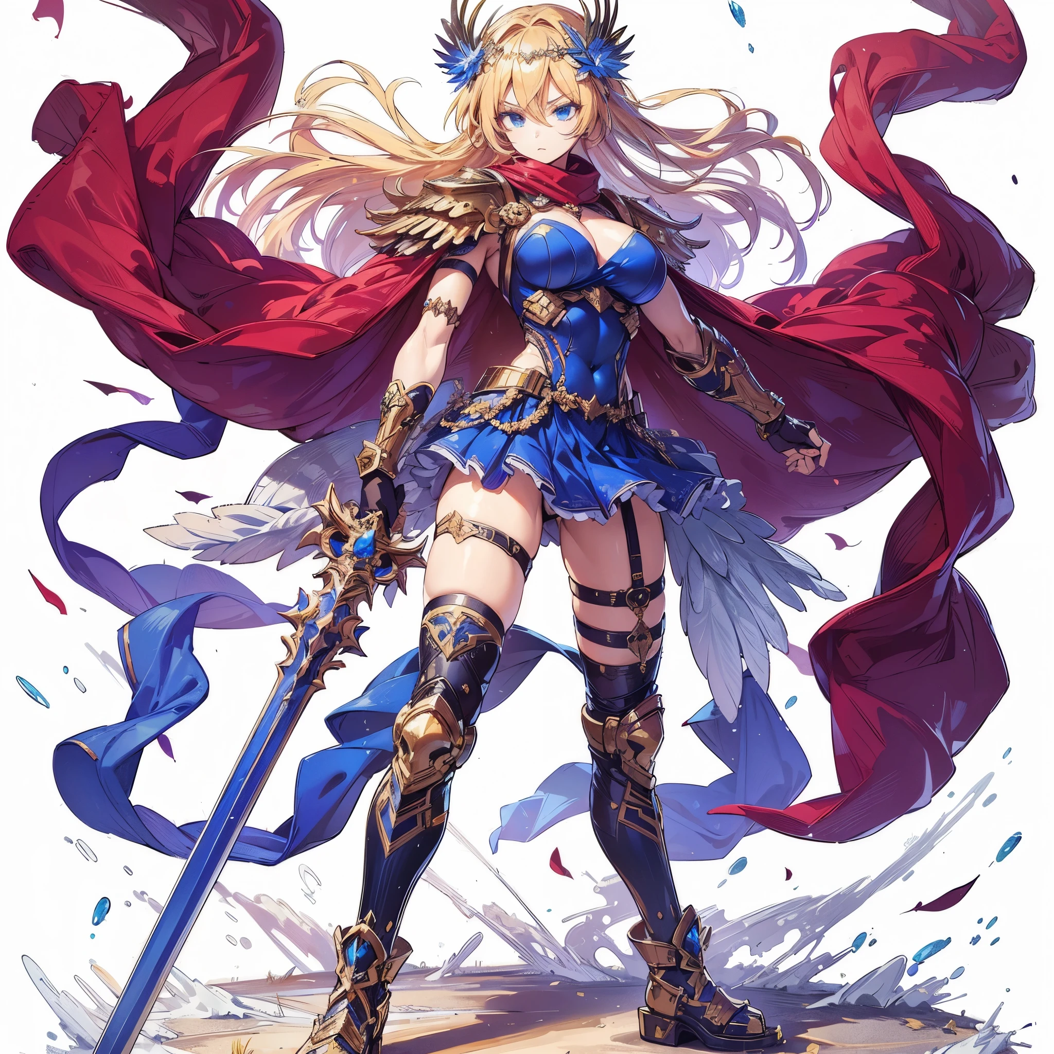 (masterpiece, Best Quality), (detailed hairs), Ultra-detailed, Anime style, Full body, Solo, Cyberpunk Rome style girl, blonde hair and blue eyes, laurel crown, wearing gold splendid gauntlet, standing on battle ground, blue wrestler costume, folded arms, held sword, velvet scarlet Mant fluttering in the wind, wearing long boots, ultra-massive, tall stylish, VERY MASSIVE. Muscular but feminine body shape, White background, standing full length,