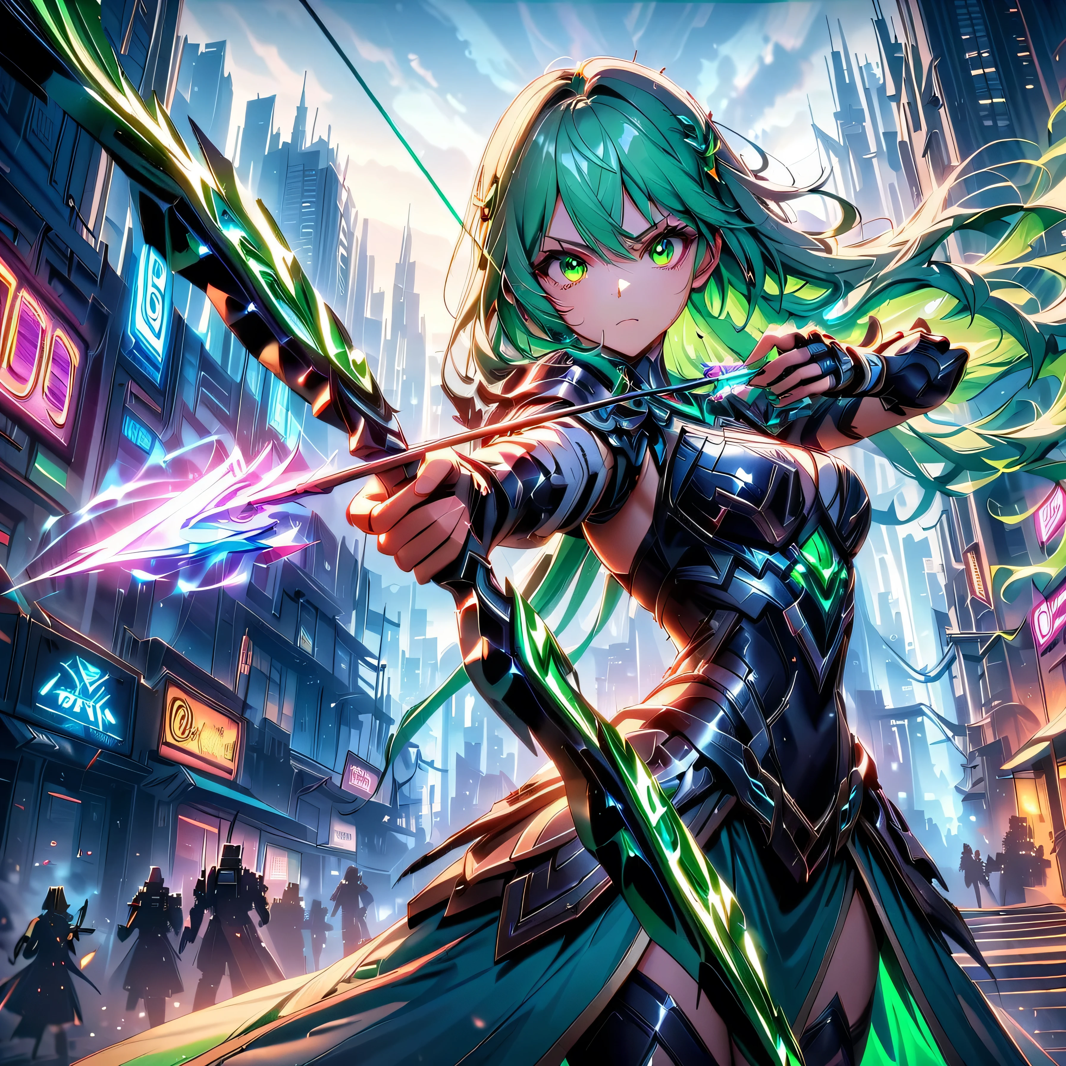 An anime girl with flowing emerald green hair，She&#39;s dressed in sleek black mech gear，In the background of the futuristic cyberpunk city。She was armed with a bow and arrow，A determined expression，Surrounded by neon lights、Cityscape with vivid colors and dramatic lighting，The overall style is full of charm and energy。
(cyberpunk:1.3) (mecha aesthetic:1.2) (anime girl:1.4), (flowing emerald green hair:1.2), (sleek black mecha armor:1.2), (futuristic cyberpunk cityscape:1.3), (high-angle shot:1.2), (gripping bow and arrow:1.3), (determined expression:1.2), (neon lights:1.3), (vivid colors:1.2), (dramatic lighting:1.2), (Konachan-style:1.1), (4K wallpaper:1.2), (captivating energy:1.2)