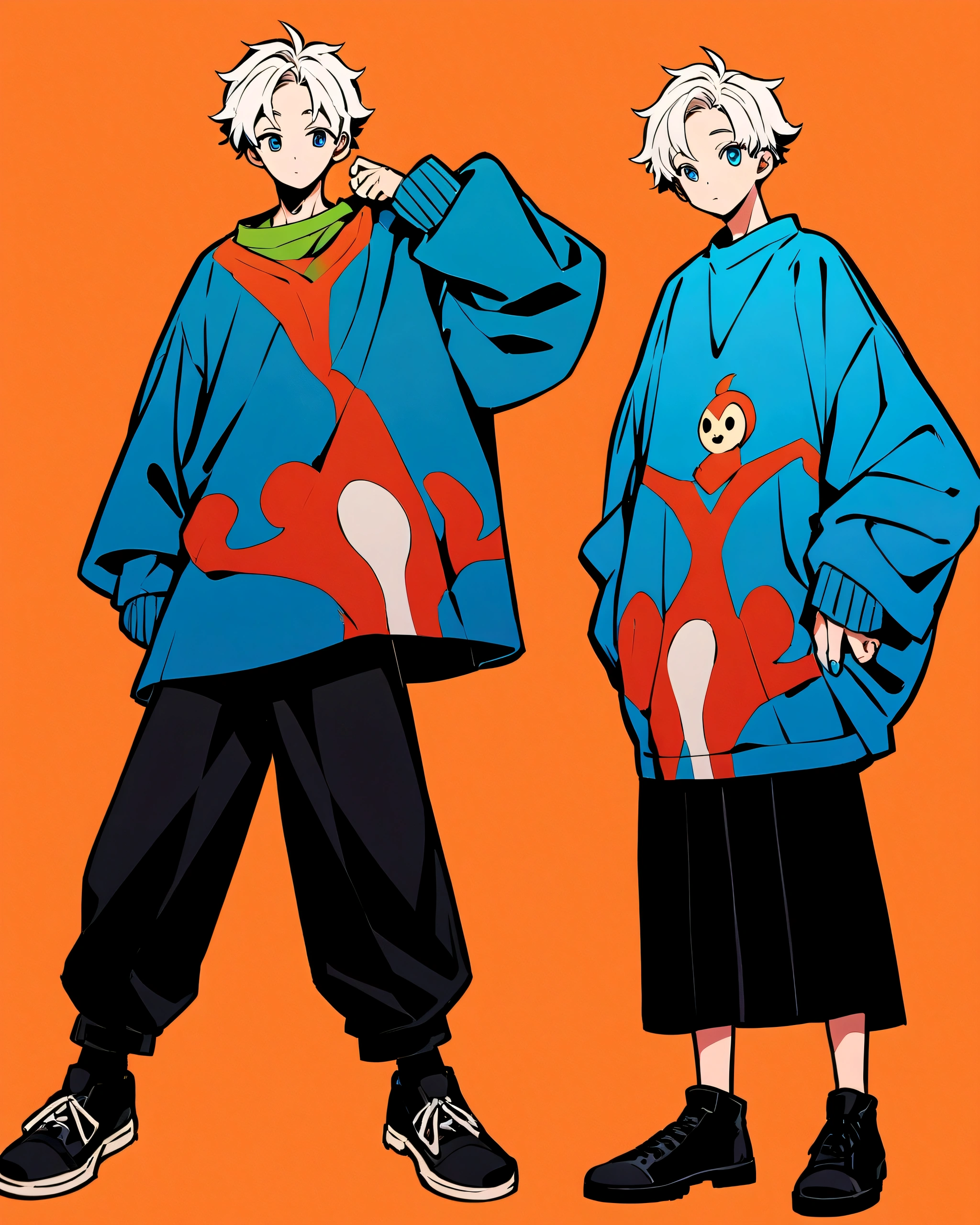 Create an illustration of a boy's character standing in a relaxed pose against a solid orange background. The character should wear oversized clothes: a blue sweater paired with black pants. They should have black shoes, and their expression should convey a sense of calm or contentment. The style should be anime-inspired, with attention to vibrant colors and unique character design."