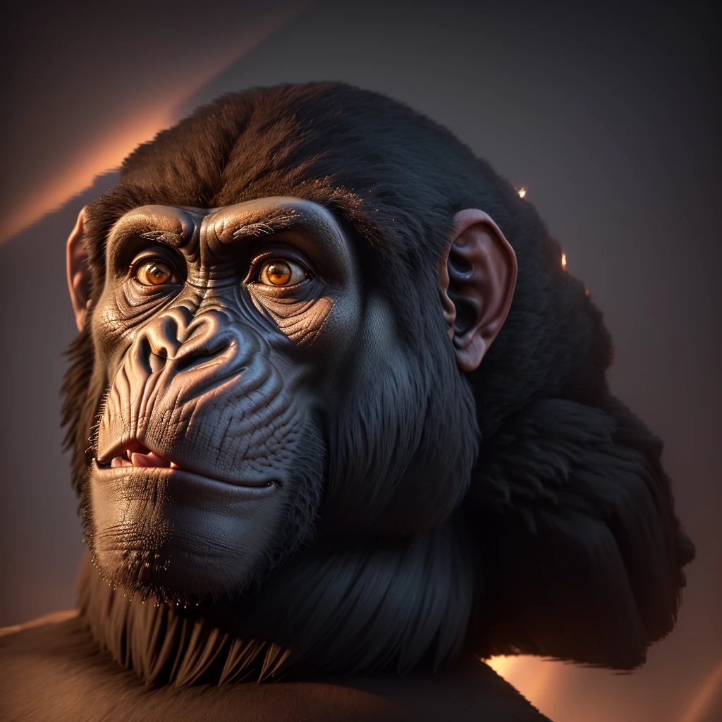 a close up of a gorilla with a large head and a large body, 3 d ape shaman profile portrait, bored ape nft, in style of primal apes, arnold maya render, subject= chimp, subsurface scattering skin, like gorilla, 8 k ultra realistic animal, marmoset render, inspired by Alex Petruk APe, epic 3 d omolu