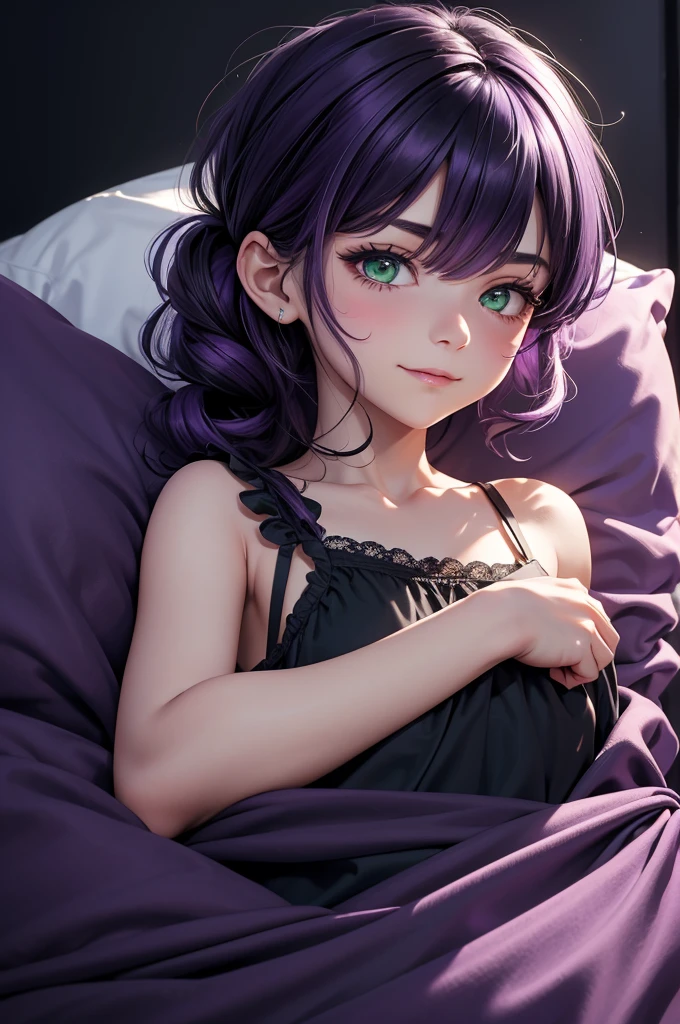 Italian girl, solo, 25 years old, green eyes, short black hair tied up, purple hair highlights, slim, busty, sleeping in a bed, black bed sheets, wearing a nightgown, covering face with blanket, looking at viewer, happy expression,