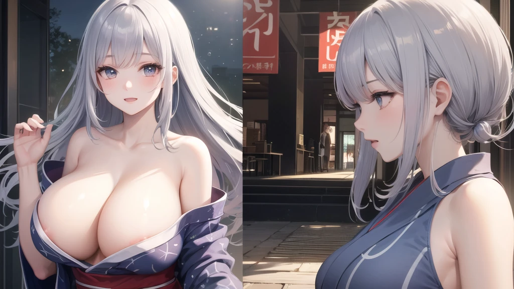 (((masterpiece, best quality))), (((superior quality))), cute girl, ((extremely detailed girl)), ((huge breasts)), yukata, bare shoulders, strapless top, long silver hair, happy