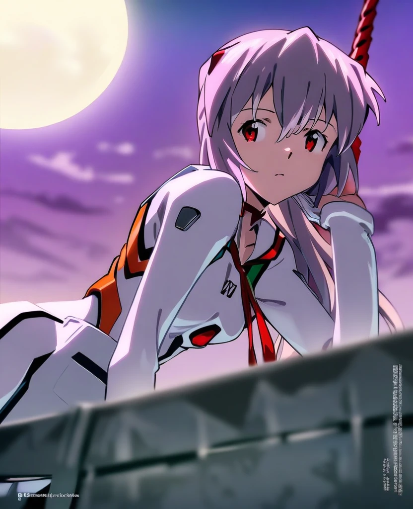 One girl, Rei Ayanami, Neon Genesis EVANGELION, Evangelion New Theatrical Version, Lance of Longinus, full moon, uniform, White bodysuit, Are standing, 00 on the chest, Looking Backwards, Turn your face and stare, , View your viewers, Outdoor, masterpiece, Highest quality, so beautiful, Absurd、On all fours