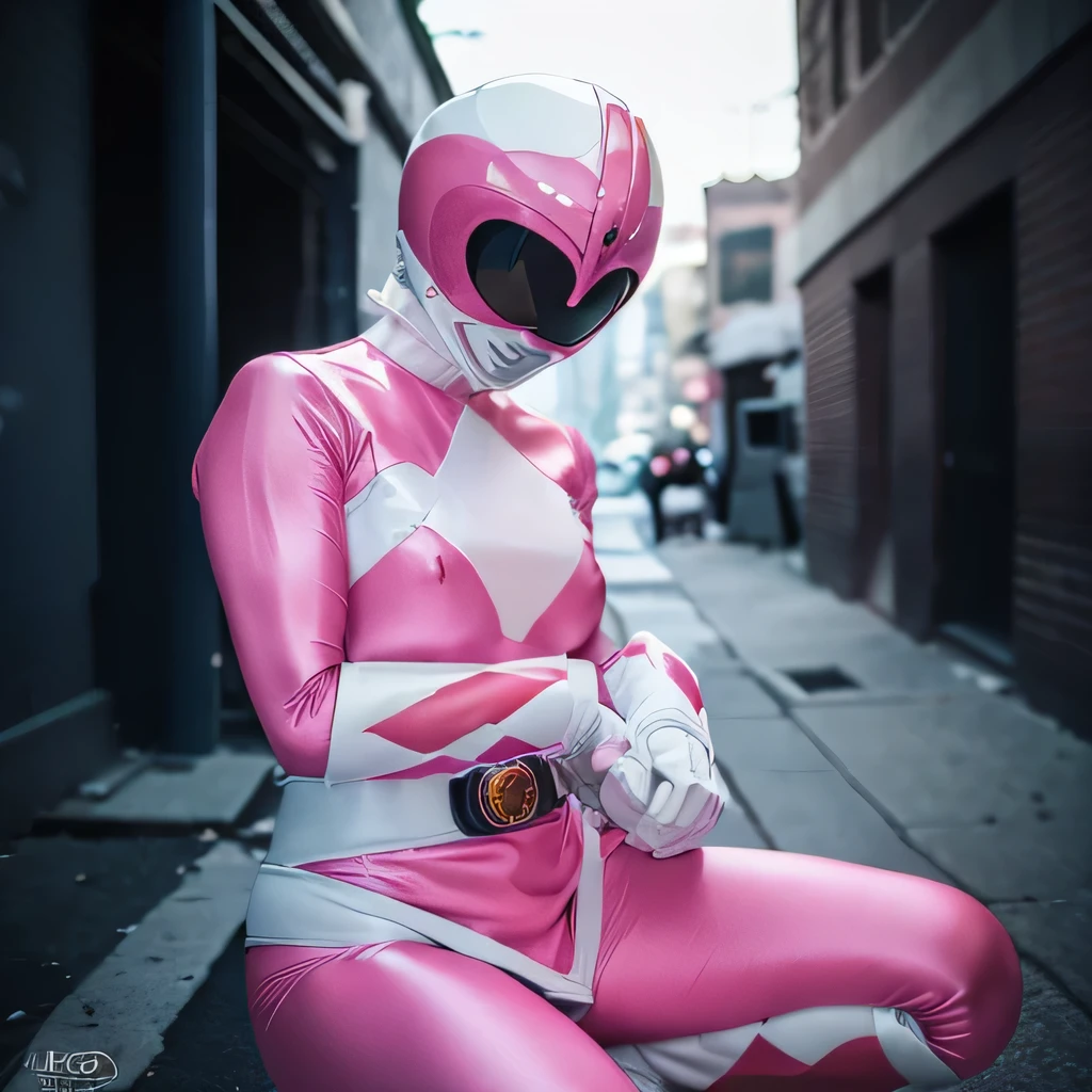 (best image quality:1.2), (super high resolution:1.2), (fidelity:1.4), 1 woman, 18 year-old, ((Cute face)), despair, f/2.8, 135mm, Nikon, masterpiece, anatomically correct, high details, best quality, HD, 4K, 8k, (pink ranger suit)