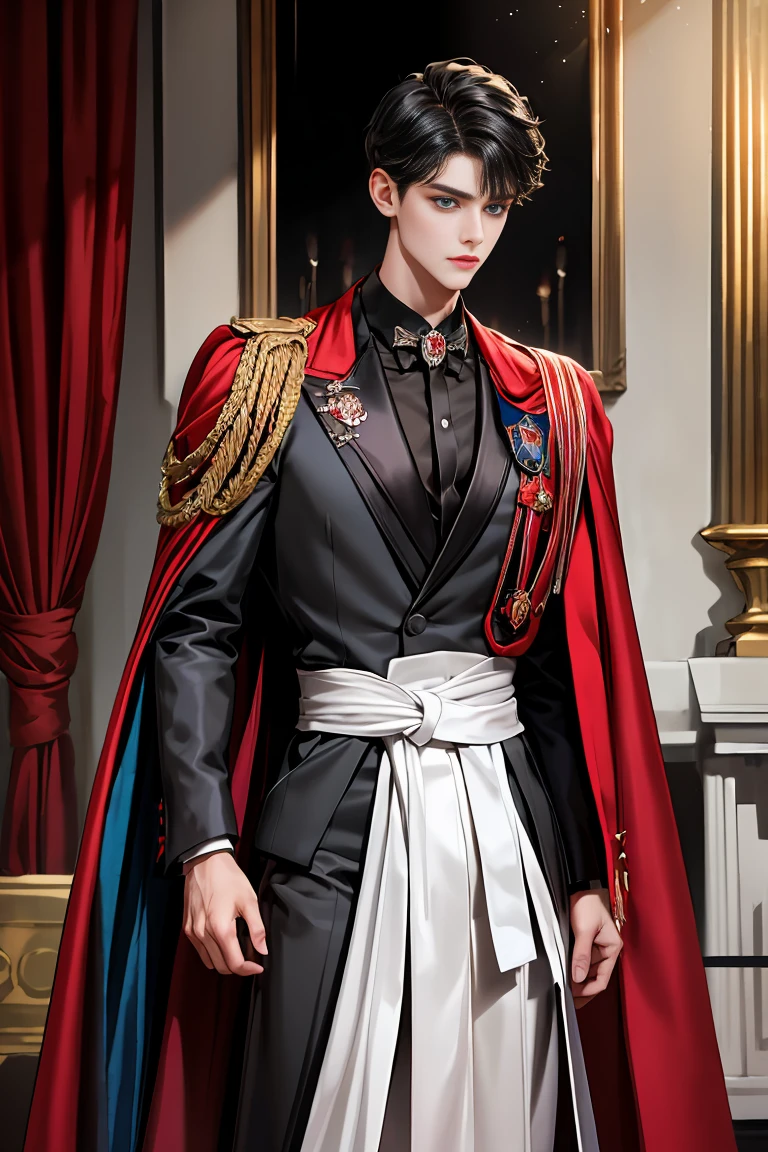 masterpiece, 最high quality, high quality, 1 boy, alone, Male focus, Watching the audience, Messy black hair, Adorable big blue eyes, White people, Noble, Noble,Sexy voluminous black and red cape、Tuxedo、A very voluminous, large, very large, very large, long, long red and black cape with a high stand-up collar, reaching down to the floor, made of a lot of fabric., ,Cute beautiful boys,Cute, cute, kind, handsome guy