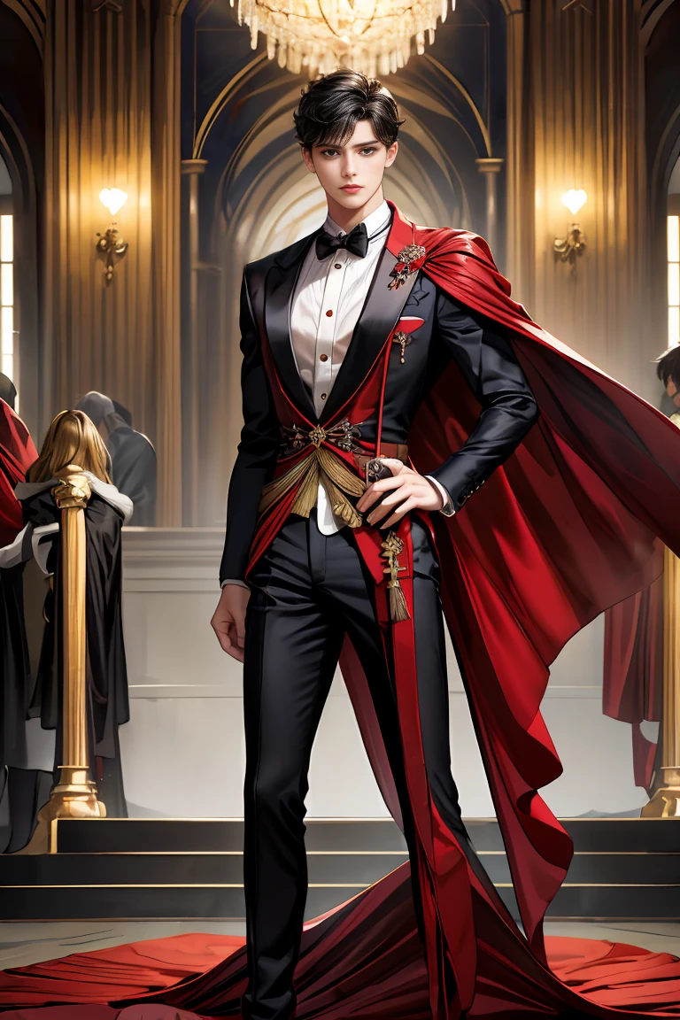 masterpiece, 最high quality, high quality, 1 boy, alone, Male focus, Watching the audience, Messy black hair, Adorable big blue eyes, White people, Noble, Noble,Sexy voluminous black and red cape、Tuxedo、A very voluminous, large, very large, very large, long, long red and black cape with a high stand-up collar, reaching down to the floor, made of a lot of fabric., 17 years old,Cute beautiful boys,Cute, cute, kind, handsome guy
