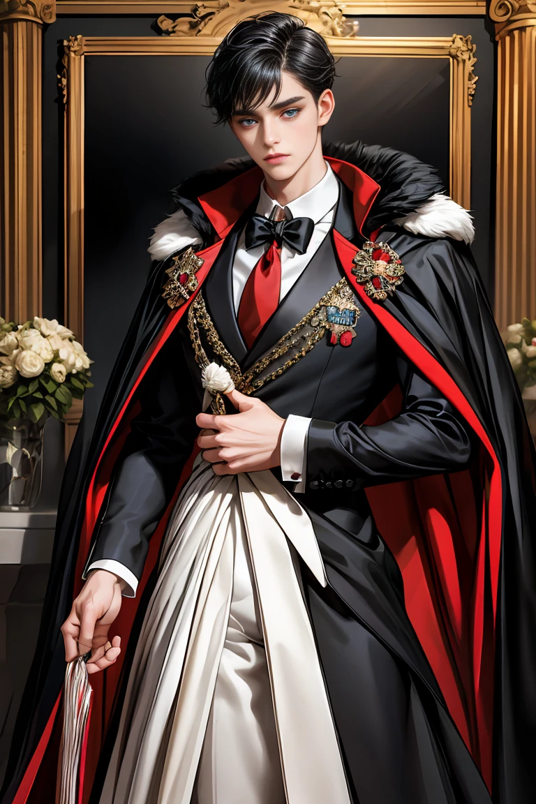 
masterpiece, 最high quality, high quality, 1 boy, alone, Male focus, Watching the audience,  Messy black hair, Adorable big blue eyes, White people, Noble, Noble,Sexy voluminous black and red cape、Tuxedo、A very voluminous, large, very large, very large, long, long red and black cape with a high stand-up collar, reaching down to the floor, made of a lot of fabric., 17 years old,Cute beautiful boys,Cute, cute, kind, handsome guy