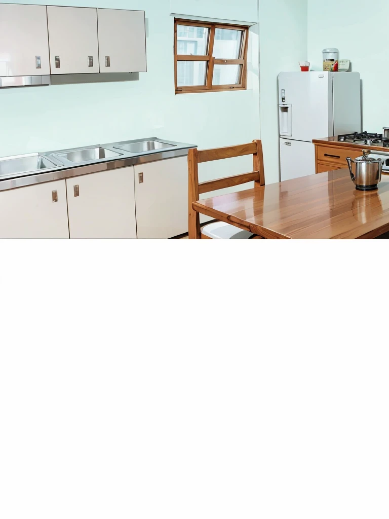 A kitchen white cabinets a wooden table and a wooden chair a silver stove with red knobs a white refrigerator and a window with daylight