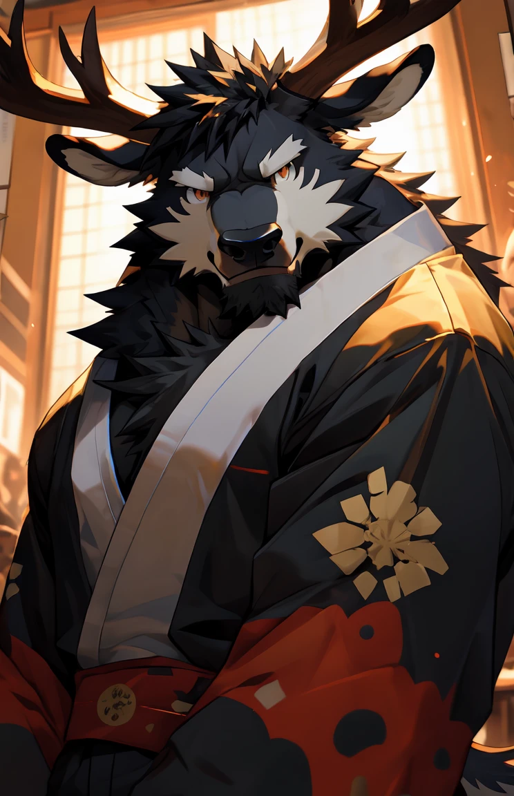 (by sollyz),Elk,bynamic angle,depth of field, motion blur, absurdres,looking at viewer, (best quality), (masterpiece), (ultra detailed),(detailed eyes),sharp focus,japanese anime,male,pants,
,handsome,class room,tail,
strong,epic,