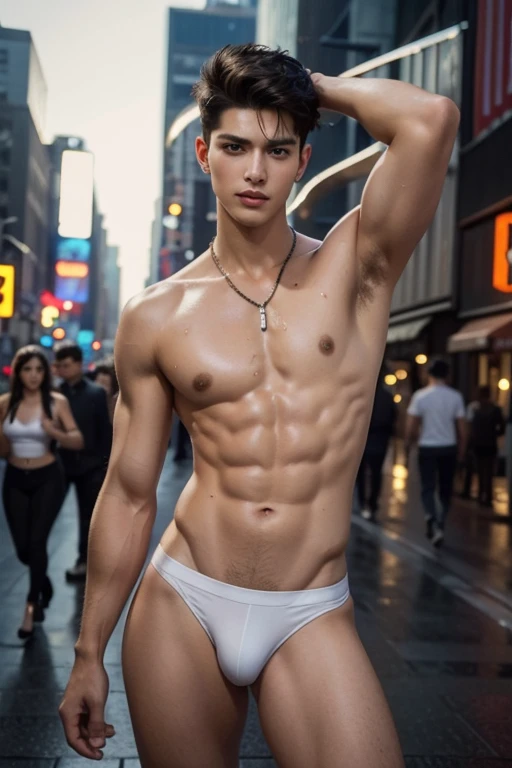 new york city neon light, young latin male boy, short beard,on a busy street in New York City, amazing landscapes of new york, people in the background, new york night light, spectacular night, Foto de whole body, very wet body, Very thin transparent white thong.., Proudly showing off her sweaty armpits, and his grown member, completely naked only wearing transparent thong, wearing a necklace on the neck, boy, very young boy, (Brooke, 15 year oldactress model.) Cinematic soft lighting illuminates an incredibly detailed and ultra-realistic German supermodel.., long blonde hair, Clear honey eyes, captivating perfect smile, sensual, Attractive woman, incredibly pretty, showing off her sweaty body, perfect body constitution, slender, toned, whole body, 8k, Photography, Masterpiece, detailed face, detailed eyes, sexy, beautiful abdomen and beautiful legs and medium hard and detailed breasts, Delgado, detailed eyes and lips, sixpack and fit body. Image quality is of the highest level, with ultra-detailed features and a realistic appearance. The colors are bright and vibrant.., Improve overall aesthetics.. The lighting is soft and natural.., Casting a soft glow on the young Latino male, Don't merge the body, big erection, nudist.