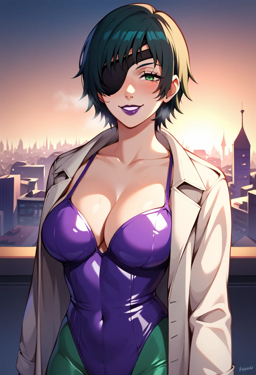 mature female, mature, Adult, himeno, himeno(Chainsaw Man), 1girl, black hair, short hair, eyepatch, Himeno(Chainsaw Man), solo, seductive smile, evil grin, aroused, in heat, nsfw, Villains, Open coat, latex purple leotard under the trench coat, Green pantyhose, purple lips, chest, View your audience, Night town, City, skyscraper, Night, Dark, masterpiece, Top animation quality,Top image quality,