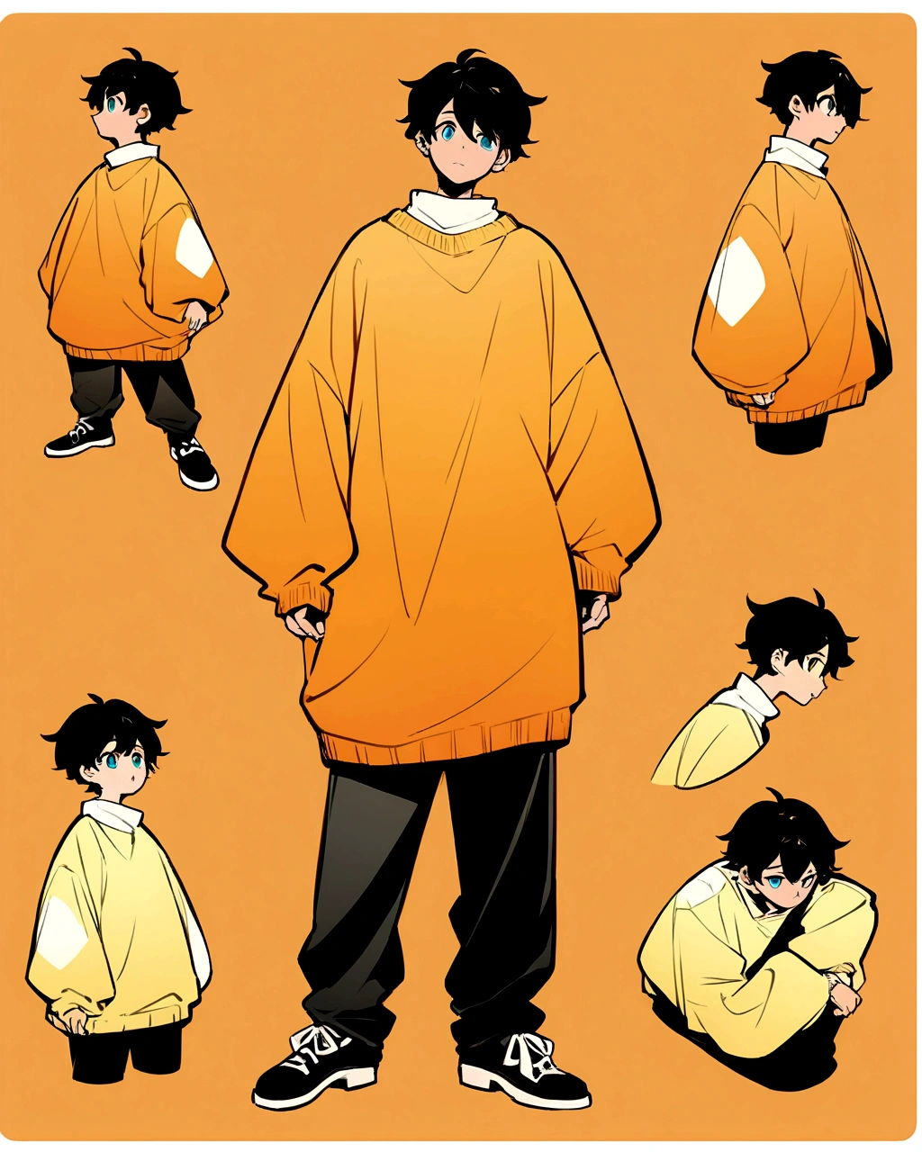 Create an illustration of a boy's solo character standing in a relaxed pose against a solid orange background. The character should wear oversized clothes: a yellow sweater paired with black pants. They should have black shoes, and their expression should convey a sense of calm or contentment. The style should be anime-inspired, with attention to vibrant colors and unique character design."