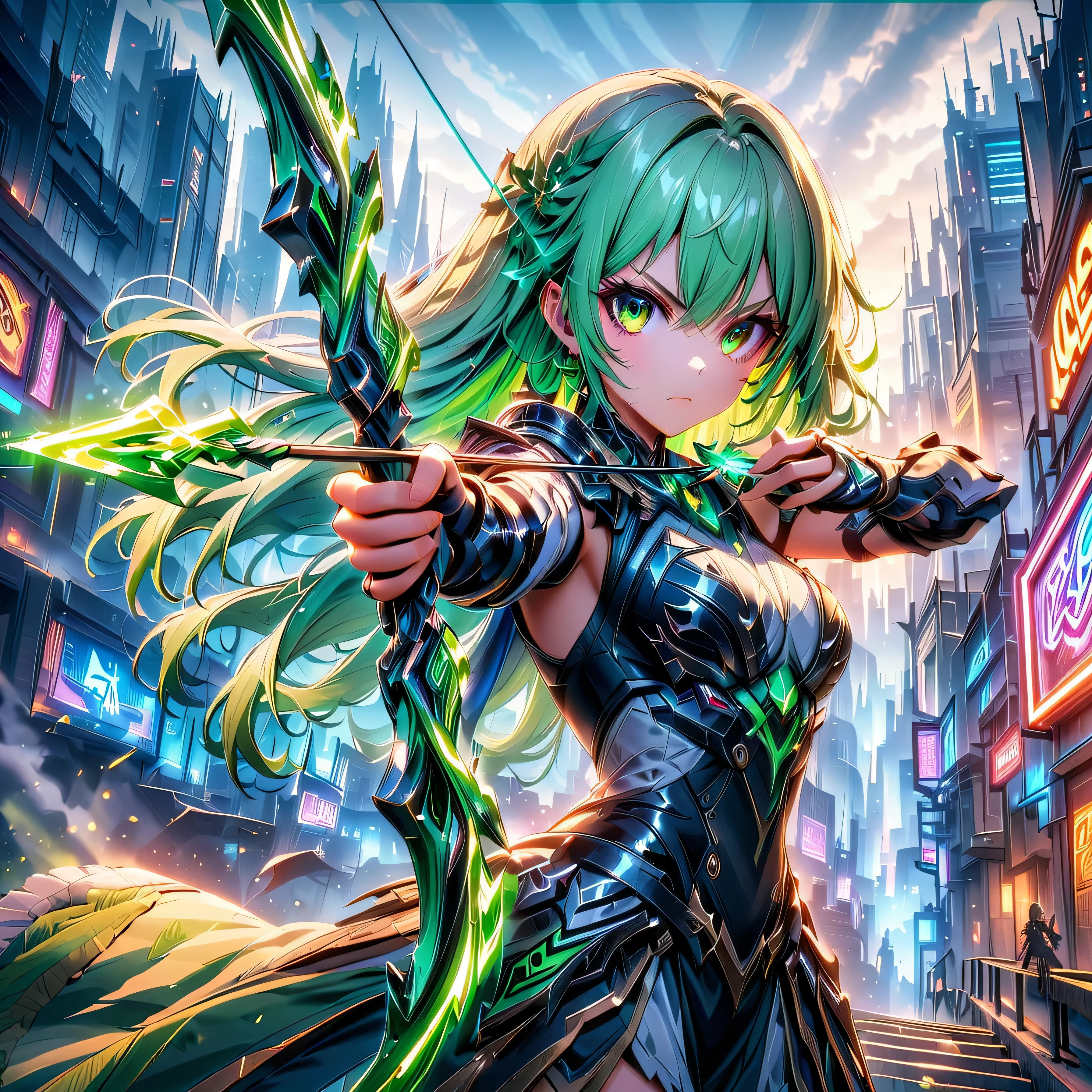 An anime girl with flowing emerald green hair，She&#39;s dressed in sleek black mech gear，In the background of the futuristic cyberpunk city。She was armed with a bow and arrow，A determined expression，Surrounded by neon lights、Cityscape with vivid colors and dramatic lighting，The overall style is full of charm and energy。
(cyberpunk:1.3) (mecha aesthetic:1.2) (anime girl:1.4), (flowing emerald green hair:1.2), (sleek black mecha armor:1.2), (futuristic cyberpunk cityscape:1.3), (high-angle shot:1.2), (gripping bow and arrow:1.3), (determined expression:1.2), (neon lights:1.3), (vivid colors:1.2), (dramatic lighting:1.2), (Konachan-style:1.1), (4K wallpaper:1.2), (captivating energy:1.2)