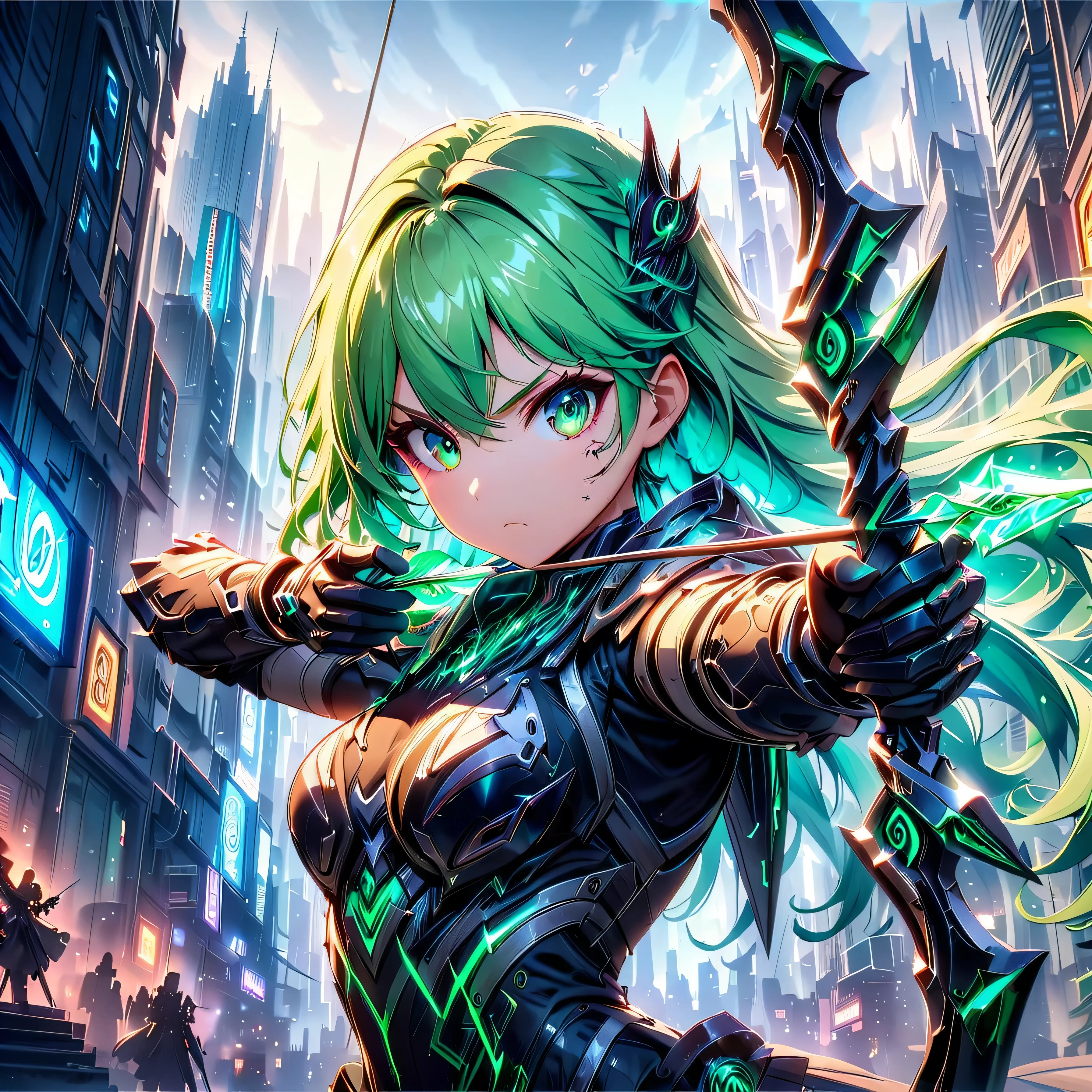 An anime girl with flowing emerald green hair，She&#39;s dressed in sleek black mech gear，In the background of the futuristic cyberpunk city。She was armed with a bow and arrow，A determined expression，Surrounded by neon lights、Cityscape with vivid colors and dramatic lighting，The overall style is full of charm and energy。
(cyberpunk:1.3) (mecha aesthetic:1.2) (anime girl:1.4), (flowing emerald green hair:1.2), (sleek black mecha armor:1.2), (futuristic cyberpunk cityscape:1.3), (high-angle shot:1.2), (gripping bow and arrow:1.3), (determined expression:1.2), (neon lights:1.3), (vivid colors:1.2), (dramatic lighting:1.2), (Konachan-style:1.1), (4K wallpaper:1.2), (captivating energy:1.2)