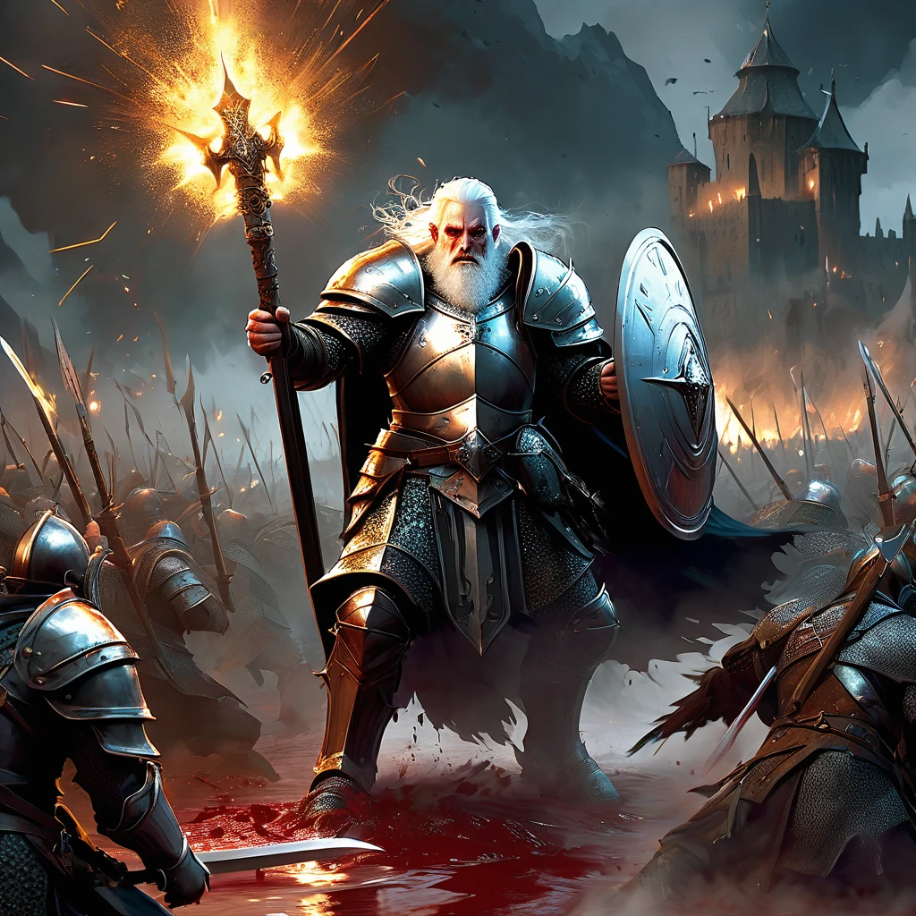 Amidst the chaos of battle, a white-haired dwarf clad in intricate armor stands resolute on the blood-soaked battlefield. His eyes, weathered by years of conflict, scan the horizon with a mixture of determination and wariness. The air is thick with the metallic tang of blood and the acrid scent of magic lingering from recent spells. Around him, soldiers clash with monstrous creatures and dark sorcerers chant incantations that tear through the air like thunder.
Describe the scene as this seasoned dwarf, known for his unmatched skill in both battle and smithing, prepares to face an overwhelming force of enemy knights. The battlefield is strewn with fallen comrades and shattered weapons, a testament to the fierce struggle for survival in this unforgiving world of dark medieval fantasy.
Include details of the dwarf's battle-worn armor, the crest of his clan emblazoned on his shield, and the determination etched on his weathered face as he readies himself for what could be his final stand against the encroaching darkness.