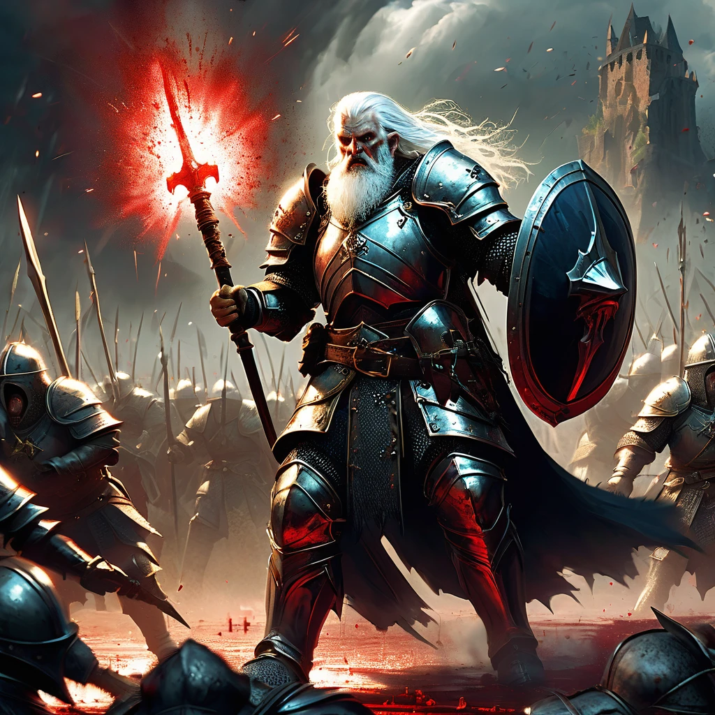 Amidst the chaos of battle, a white-haired dwarf clad in intricate armor stands resolute on the blood-soaked battlefield. His eyes, weathered by years of conflict, scan the horizon with a mixture of determination and wariness. The air is thick with the metallic tang of blood and the acrid scent of magic lingering from recent spells. Around him, soldiers clash with monstrous creatures and dark sorcerers chant incantations that tear through the air like thunder.
Describe the scene as this seasoned dwarf, known for his unmatched skill in both battle and smithing, prepares to face an overwhelming force of enemy knights. The battlefield is strewn with fallen comrades and shattered weapons, a testament to the fierce struggle for survival in this unforgiving world of dark medieval fantasy.
Include details of the dwarf's battle-worn armor, the crest of his clan emblazoned on his shield, and the determination etched on his weathered face as he readies himself for what could be his final stand against the encroaching darkness.