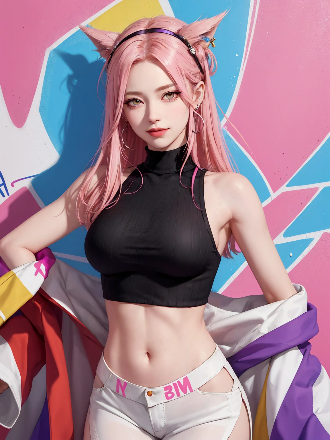 (Masterpiece, best quality, 1 girl, alone, complicated details, Chromatic aberration), realistic, ((Moderate breath)),long hair, pink hair, Red headpiece, Pink Highlights, hair on one eye,purple eyes, earring, sharp eyes, choker, Neon coat, She wears a collar, bangle, and kimono style garters., crop top, (symmetrical eyes),(Perfect symmetrical body),against the wall, Brick wall, (colorful graffiti words on the wall:1.2), The light is dim., alley ,Look at the viewer.、Dig the chest、smile、(sleeveless、Navel touch、Fitted turtleneck.)、street string hot pants、Thin bottom、Please build above the eaves..、Thin shoulders、in sportbar、