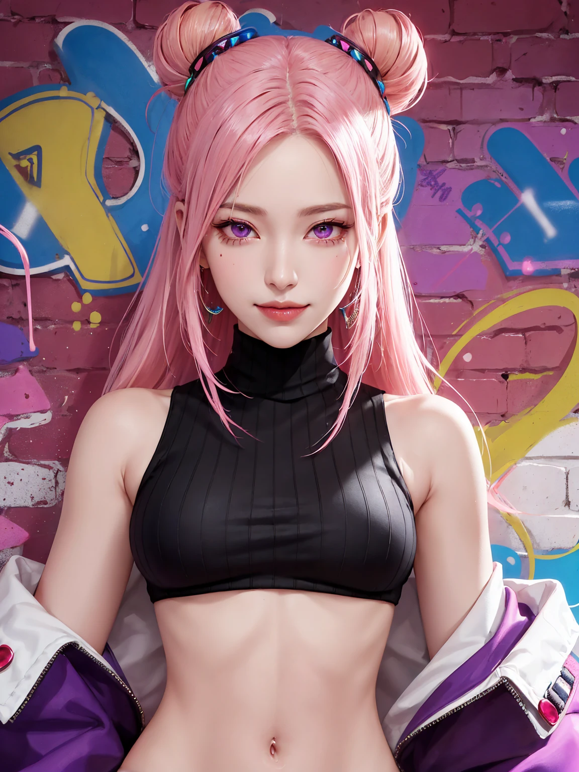 (Masterpiece, best quality, 1 girl, alone, complicated details, Chromatic aberration), realistic, ((Moderate breath)),long hair, pink hair, Red headpiece, Pink Highlights, hair on one eye,purple eyes, earring, sharp eyes, choker, Neon coat, She wears a collar, bangle, and kimono style garters., crop top, (symmetrical eyes),(Perfect symmetrical body),against the wall, Brick wall, (colorful graffiti words on the wall:1.2), The light is dim., alley ,Look at the viewer.、Dig the chest、smile、(sleeveless、Navel touch、Fitted turtleneck.)、street string hot pants、Thin bottom、Please build above the eaves..、Thin shoulders、in sportbar、