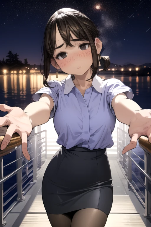 Very detailed, high quality:1.5, masterpiece, beautiful, Film Portraits,((dark)),((douki-chan)),short ponytail,office lady,blue shirt,high-waist skirt,pencil skirt,pantyhose,jewelry,earrings,(((Tilt  head))),The hug is coming, incoming kiss, Spread your hands,((Close your eyes)),(((Station platform))),誰もいないStation platform,night,Flushing of cheeks,(((Embarrassing))),dark照明,