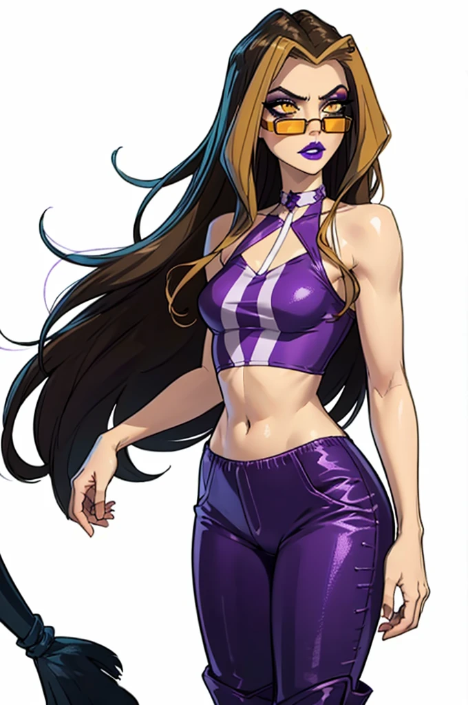 (Darcy), yellow eyes, brown hair with blonde strips, very long hair, (CasualOutfit), (purple eyeshadow, purple lips, halter croptop, purple pants, boots, sunglasses), (solid white background, white background:1.5), (realistic:1.2), (masterpiece:1.2), (full-body-shot:1),(Cowboy-shot:1.2), neon lighting, dark romantic lighting, (highly detailed:1.2),(detailed face:1.2), (gradients), colorful, detailed eyes, (detailed landscape:1.2), (natural lighting:1.2), close shot, solo, 