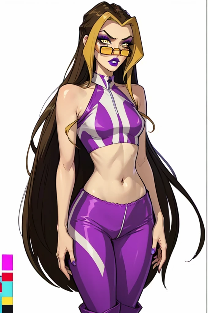 (Darcy), yellow eyes, brown hair with blonde strips, very long hair, (CasualOutfit), (purple eyeshadow, purple lips, halter croptop, purple pants, boots, sunglasses), (solid white background, white background:1.5), (realistic:1.2), (masterpiece:1.2), (full-body-shot:1),(Cowboy-shot:1.2), neon lighting, dark romantic lighting, (highly detailed:1.2),(detailed face:1.2), (gradients), colorful, detailed eyes, (detailed landscape:1.2), (natural lighting:1.2), close shot, solo, 