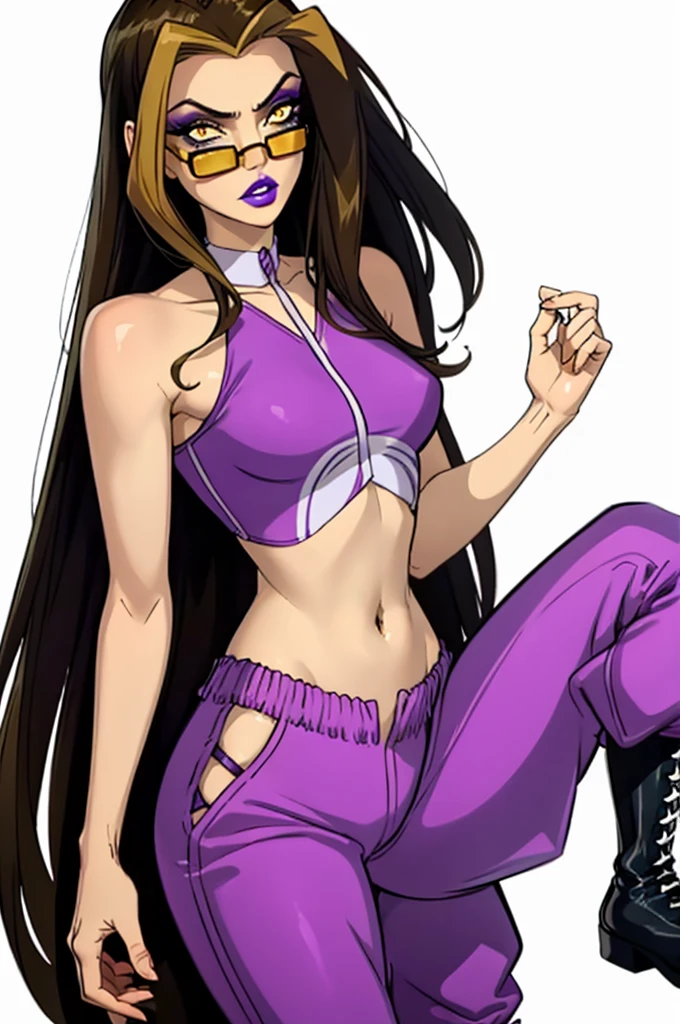 (Darcy), yellow eyes, brown hair with blonde strips, very long hair, (CasualOutfit), (purple eyeshadow, purple lips, halter croptop, purple pants, boots, sunglasses), (solid white background, white background:1.5), (realistic:1.2), (masterpiece:1.2), (full-body-shot:1),(Cowboy-shot:1.2), neon lighting, dark romantic lighting, (highly detailed:1.2),(detailed face:1.2), (gradients), colorful, detailed eyes, (detailed landscape:1.2), (natural lighting:1.2), close shot, solo, 