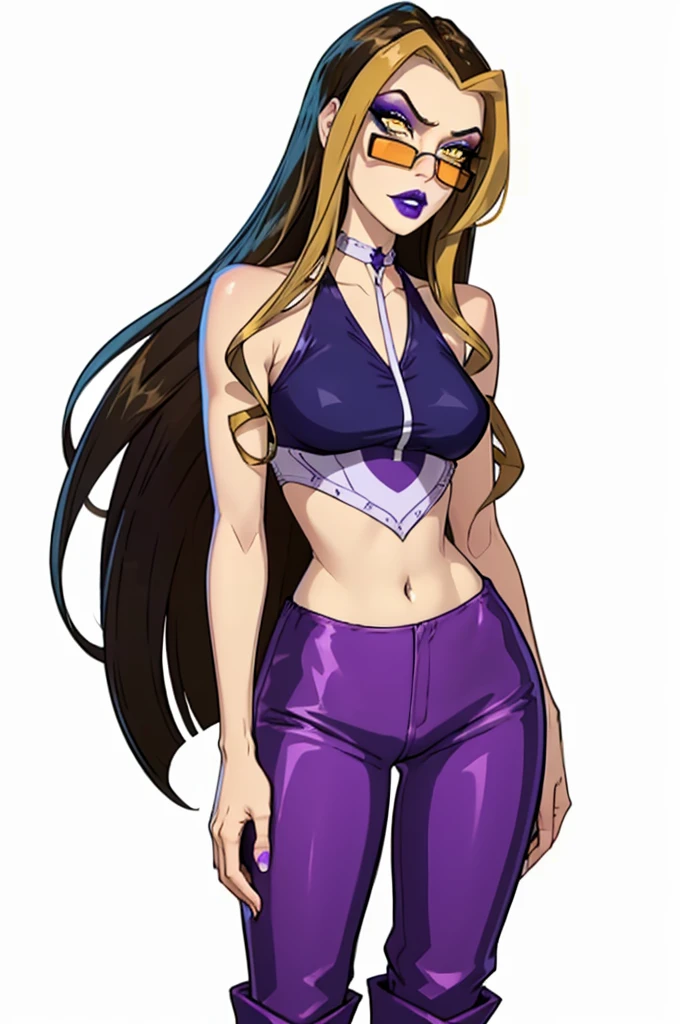 (Darcy), yellow eyes, brown hair with blonde strips, very long hair, (CasualOutfit), (purple eyeshadow, purple lips, halter croptop, purple pants, boots, sunglasses), (solid white background, white background:1.5), (realistic:1.2), (masterpiece:1.2), (full-body-shot:1),(Cowboy-shot:1.2), neon lighting, dark romantic lighting, (highly detailed:1.2),(detailed face:1.2), (gradients), colorful, detailed eyes, (detailed landscape:1.2), (natural lighting:1.2), close shot, solo, 