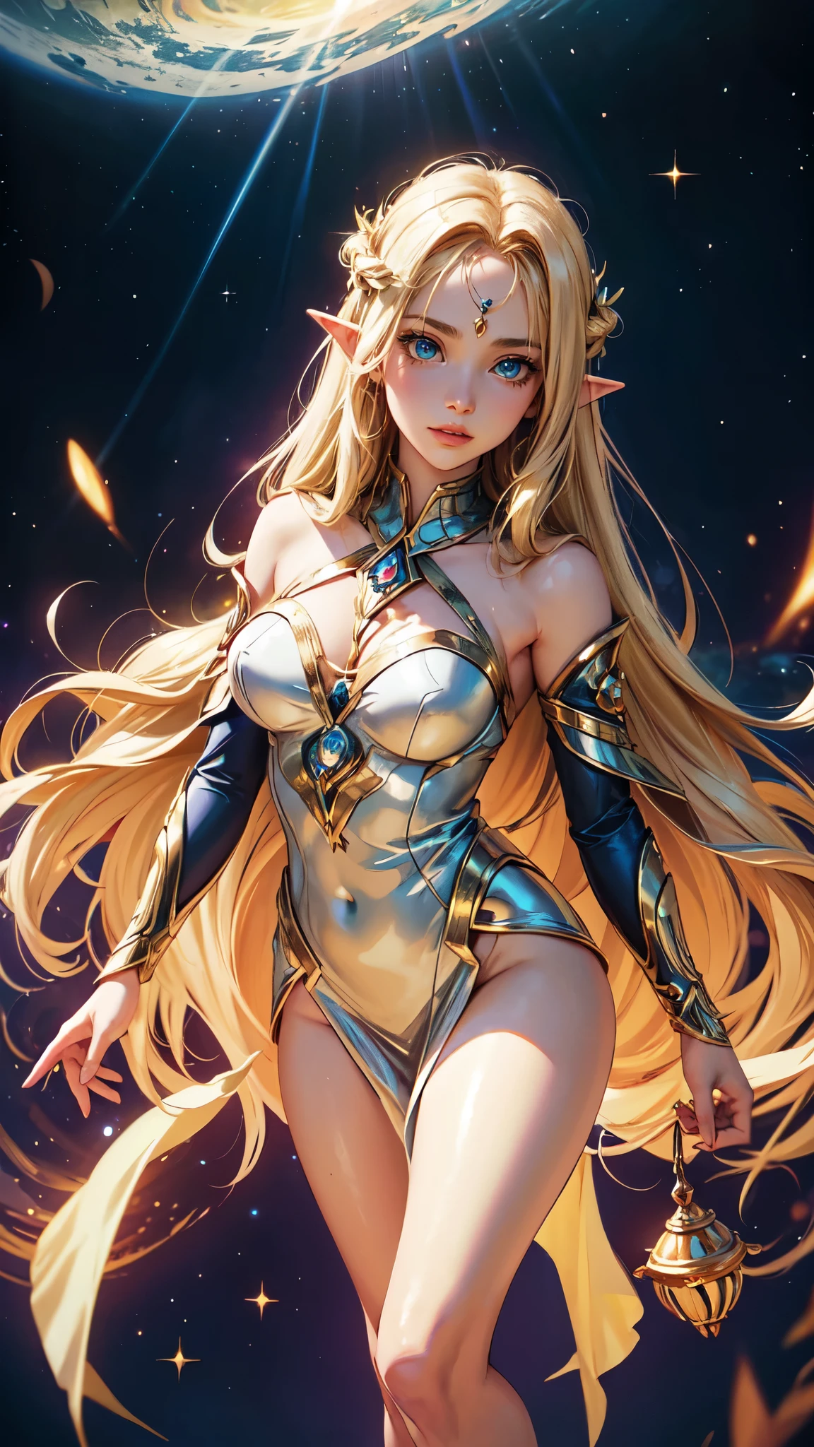 A woman with long hair and a flowing dress stands in the darkness, Blonde girl in cosmic dress, Amazing young ethereal figure, cosmic goddess, Astral appearance, galaxy goddess, Space Girl, Astral Fairy, Divine cosmic feminine power, Cosmic hair anime girl, goddess of space and time, Channeling rotational energy, A glowing halo surrounds her，Light，cleanness，Reflective，refractions，Ray traching，super-fine，Hyper-realistic，best quality,elf woman, detailed yees, detailed hands, detailed face, full body,
