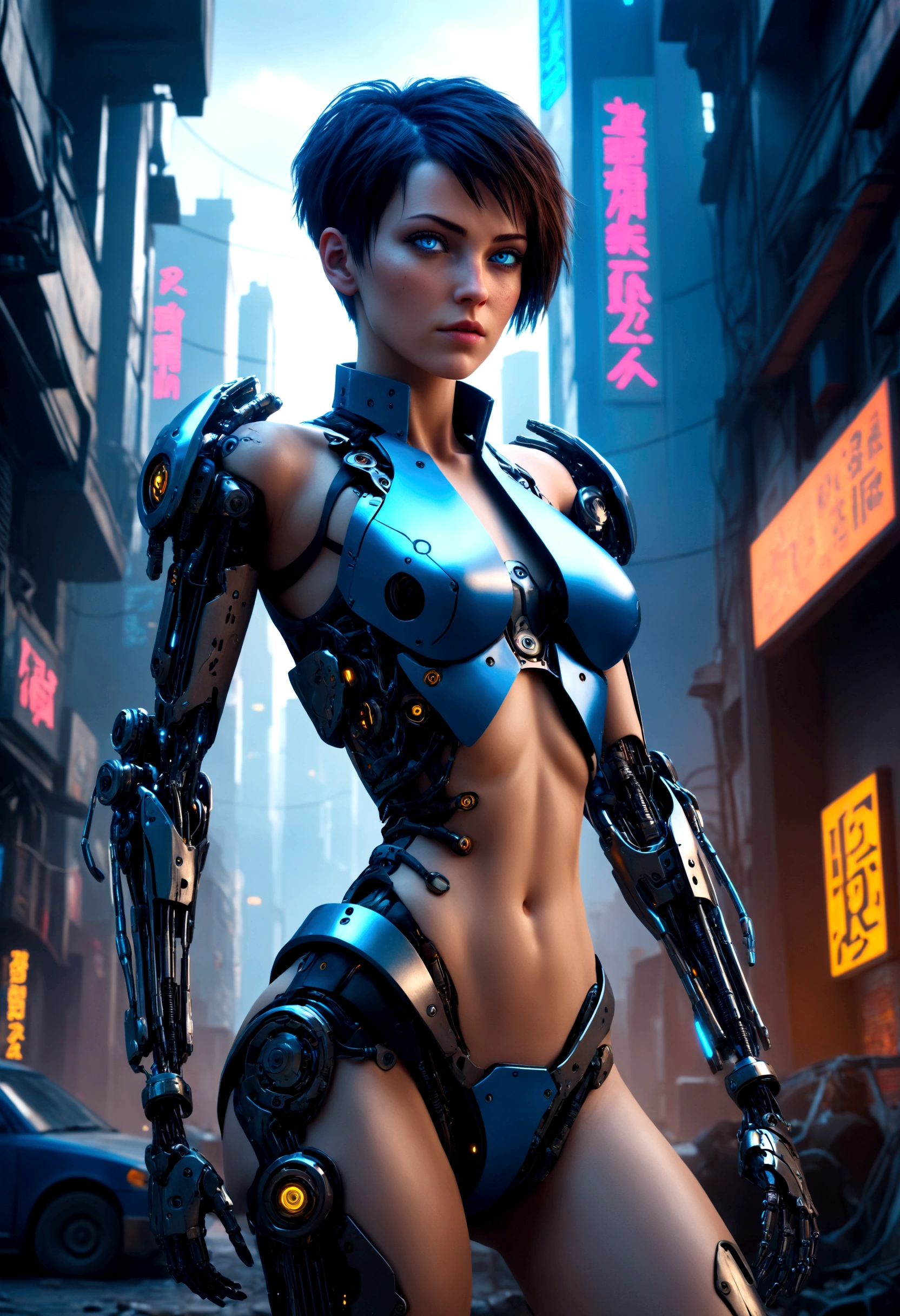 a beautiful cyberpunk cyborg woman, blue eyes, short hair, human body, mechanical legs, mechanical arms, in a furistic city, 8k ultra detailed and realistic