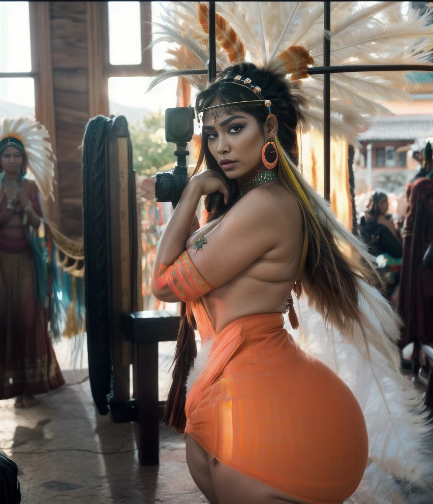 Beautiful Cherokee Indian woman with beautiful terracotta colored headdresses, blackw, doradas, cobre, Pearl, white and beige, feathers made of bright neon of various colors, flares on camera, bokeh, full moon night
