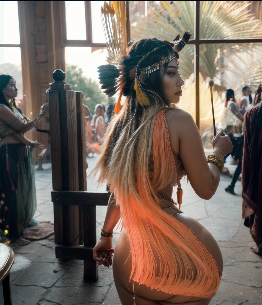 Beautiful Cherokee Indian woman with beautiful terracotta colored headdresses, blackw, doradas, cobre, Pearl, white and beige, feathers made of bright neon of various colors, flares on camera, bokeh, full moon night