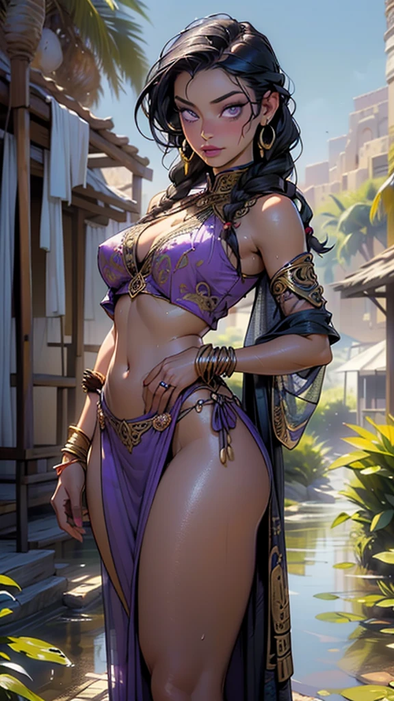 girl from ancient Egypt,1girl,

(large breasts:1.4),((((long twin braids,tight braids,long braid,braided hair,long hime cut,dark hair,black hair,colored inner hair)))),(((purple_eyes:1.3))),intricate eyes,beautiful detailed eyes,symmetrical eyes,((((lustrous skin:1.5,tanned skin,bright skin: 1.5,skin tanned,shiny skin,very shiny skin,shiny body,Reflective skin)))),(spider lower abdomen,narrow waist,wide hip,athletic body,inflated legs,thick thighs,delicate detailed fingers,(detailed face)),beautiful detailed lips,

cute,slutty,sensual,seductive look,seductive,((erotic)),opulent,sumptuous,((nsfw)),

zettai ryouiki,revealing clothing,show skin,huge cleavage,((underboob)),(((barefoot))),((belly dancer bikini, bella dancer beauty, beautiful alluring, ring bikini)),((intricate belly dancer outfit)),belly dancer accessories,(belly dancer jewelry in her arms),earrings,(((eyeshadow,egyptian makeup,eyelid makeup))),(((purple clothes,Transparent cloth:1.1,wet clothes,intricate outfit,embroidered outfit,ornate outfit,intricate cloth,embroidered cloth,ornate cloth))),

(flirtatious pose:1.3), looking at viewer,embarrassed,centered,scale to fit dimensions,Rule of thirds,

outdoors,(Bedouin tents,Bedouin tents background),scenery,(oasis,oasis background),extremely scenery,(puddles everywhere,moss,moss on the background),clouds,arabian style,palms,(sunset, golden hour),

(Glossy Egyptian ornaments),highres,sharp focus,(ultra detailed,extremely detailed),(photorealistic artwork:1.37),(extremely detailed CG unity 8k wallpaper),(((vibrant colors,vibrant theme))),(intricate),(masterpiece),(best quality),artistic photography,(photography taken by sldr),(intricate background),perfect rendered face,perfect face details,realistic face,photo realistic,((intricate detail)),(((realism))),
