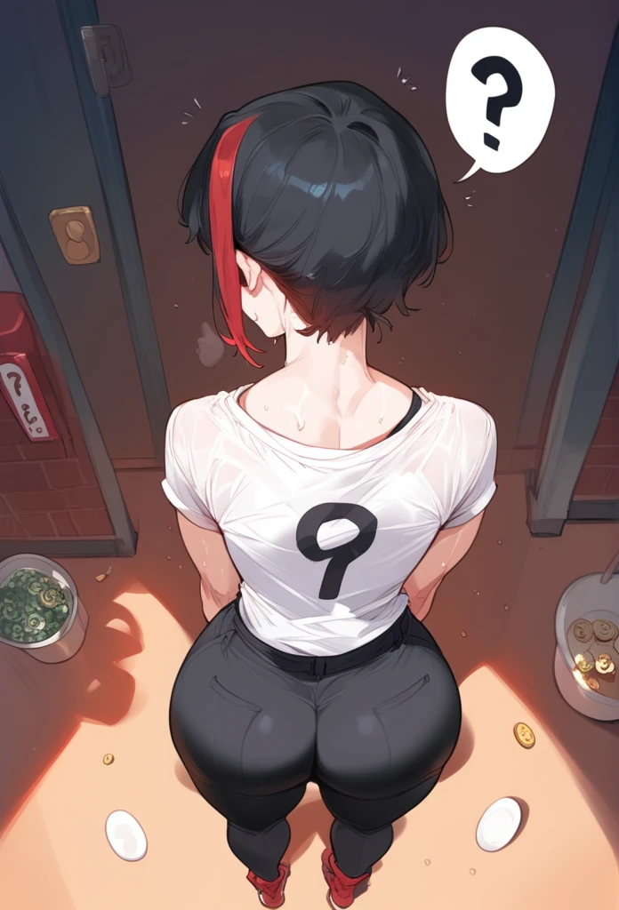 punctuation_9, punctuation_8_High above, punctuation_7_High above, punctuation_6_High above, punctuation_5_High above, mixed_artwork style, Dangling , big fit ass , neckleace, sweaty, sexy 1 girl, standing alone, hands, Asian, short black sleeveless t-shirt, black pants, short black hair with red highlights, Eyes red, ssmile,