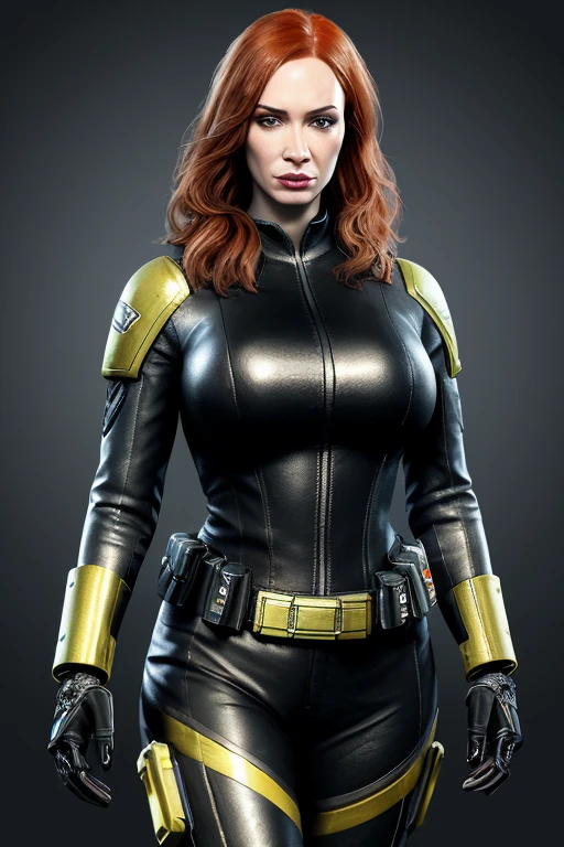 Imagine Christina Hendricks as an Rainbow Six character, Christina Hendricks as a video game character, Rainbow Six, High-quality facial research of Christina Hendricks, (Christina's sculpted cheekbones and slight wrinkles around the face), 48 years old, High-quality detailed research of Christina Hendricks voluptuous figure. Sexy,dangerous,beautiful detailed eyes,beautiful detailed lips,longeyelashes,bold and intense gaze,skin-tight black leather suit, cleavage, metallic utility belt, metal arm bands, fingerless gloves, glamorous,confident expression,fierce and powerful stance. Digital art, Rainbow Six concept art, full body concept art, Expert concept art with high detail, concept-art, FPS game concept art, concept-art, created in Vivian Rocray's style, Video game concept art, 4K, full body portrait
