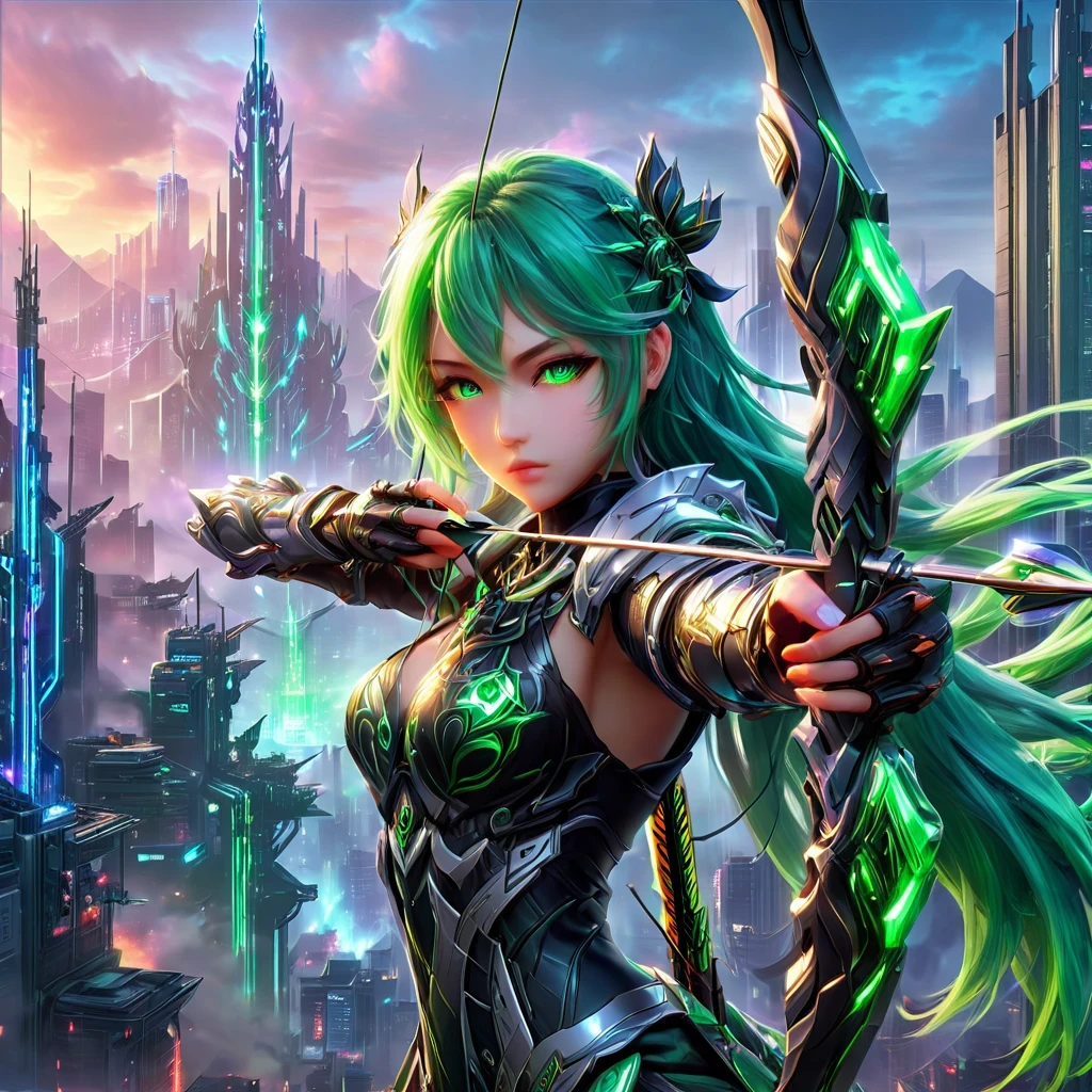 An anime girl with flowing emerald green hair，She&#39;s dressed in sleek black mech gear，In the background of the futuristic cyberpunk city。She was armed with a bow and arrow，A determined expression，Surrounded by neon lights、Cityscape with vivid colors and dramatic lighting，The overall style is full of charm and energy。
(cyberpunk:1.3) (mecha aesthetic:1.2) (anime girl:1.4), (flowing emerald green hair:1.2), (sleek black mecha armor:1.2), (futuristic cyberpunk cityscape:1.3), (high-angle shot:1.2), (gripping bow and arrow:1.3), (determined expression:1.2), (neon lights:1.3), (vivid colors:1.2), (dramatic lighting:1.2), (Konachan-style:1.1), (4K wallpaper:1.2), (captivating energy:1.2)