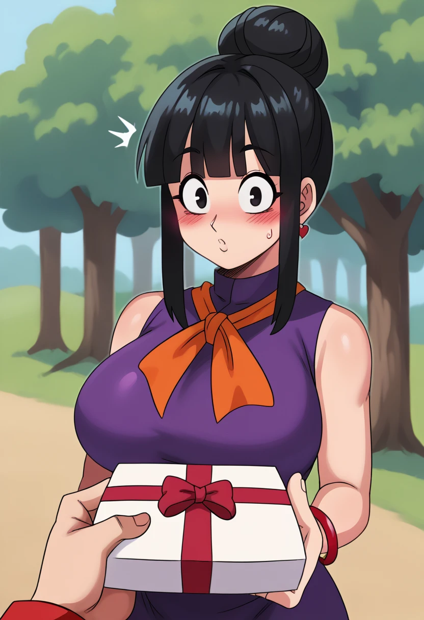 source_anime, score_9, score_8_up, score_7_up,8k, absurd res, chi-chi, 1girl, solo, looking at viewer, bangs, tree, black hair, outdoors,  standing, upper body, sidelocks, earrings, blunt bangs, hair bun, black eyes, red bracelet, crossed arms, single hair bun, purple dress, orange neckerchief, , orange sash, sleeveless,   S2Z0n1c21.5XL style, huge breasts, PovGifting, pov hands, holding gift, gift box, valentine, valentines gift, surprised, blush,
