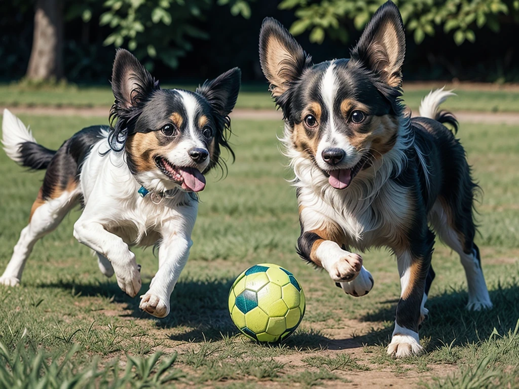 Papillon chasing a ball in a yard