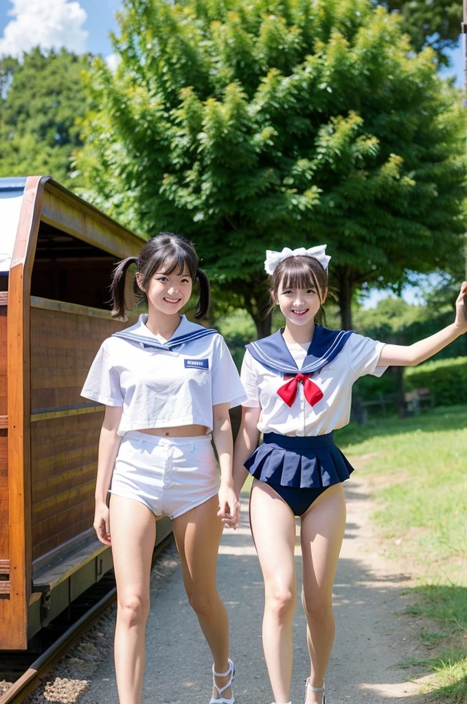 girls walking in rural station,wooden train on far side,cumulonimbus cloud in summer blue sky,white sailor shirt with red bow tie,white panties with navy blue frills,18-year-old,bangs,a little smile,thighs,knees,short hair with low pigtails bunches,from beside,front light