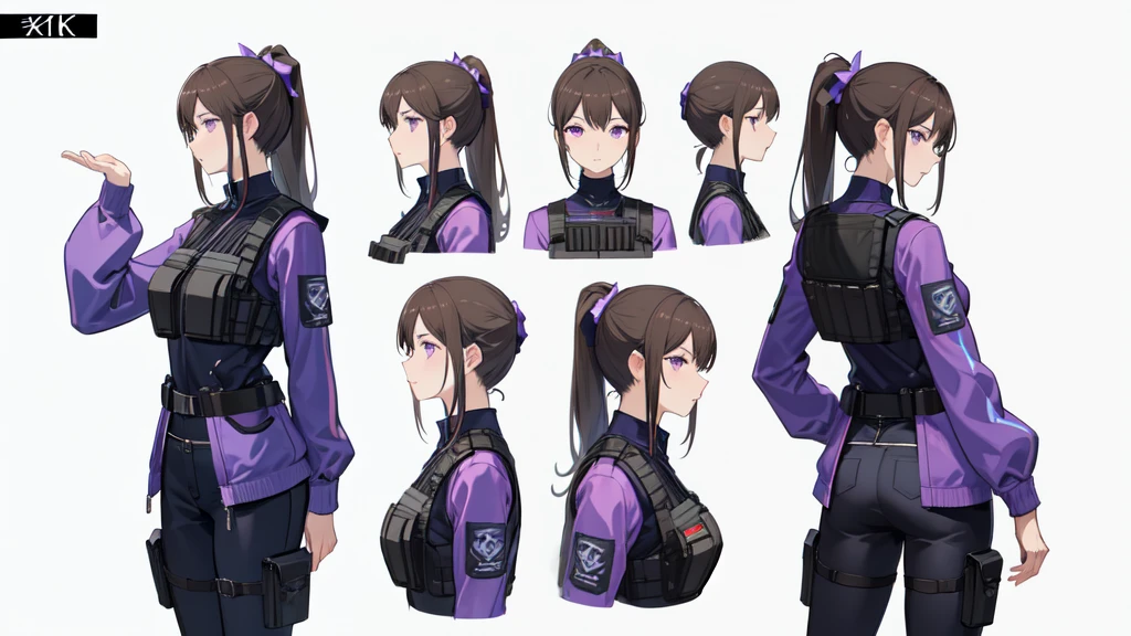 One Mature woman,human, Dark hair with purple strands, Ponytail, purple eyes, black outfit,wearing bulletproof vest, beautiful, masterpiece, best quality, perfect lighting, extremely detailed CG unity 8k wallpaper, reference sheet, model sheet, simple white background, (multiple views, [from behind|from side|from front|close-up|portrait|Looking straight ahead]:1),
