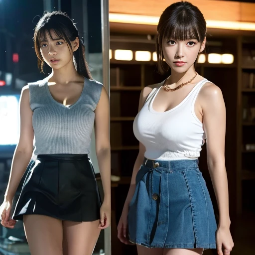 Wide size, two photos showing the entire body, including legs.
A high-resolution, realistic photo-image featuring a young Japanese justice heroine in peril, inspired by Japanese tokusatsu TV shows.
She is captured by a monstrous villain in a bright daytime devastated future cityscape. She is restrained by glowing energy black chains, struggling to break free.
Her expression shows fear and desperation. The villain stands menacingly nearby, casting a shadow over her.
The costume is torn, ripped, and tattered from enemy attacks.
She is a very cute 20y Japanese pure-type heroine with idol-like qualities. She has fair skin, a slender body, and a typical neat, elegant appearance of a pure-type heroine.
She wears a simple yet torn, ripped and tattered sleeveless white V-neck top that highlights her upper chest line,
and a torn, ripped and tattered high-thigh-length very short gray mini-skirt.
Her hair is black, straight, styled in a half-up look with some hair tucked behind her ears.