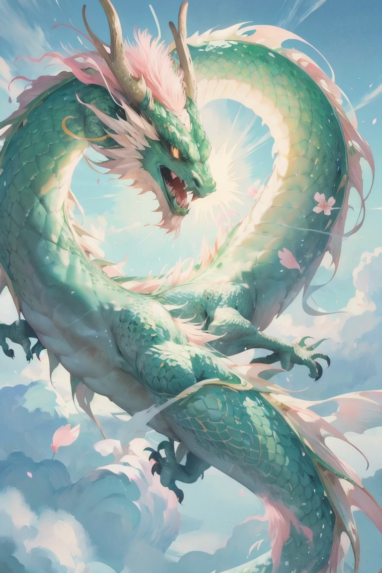 logo,masterpiece,(on a white background:1),green chinese dragon surrounded by white clouds,pink sakura trees,petals,wind,god,long wavy body,fangs,fantasy, mythical, high quality, highly detailed, masterpiece, epic,particles effect,dynamic effect,sun in the background