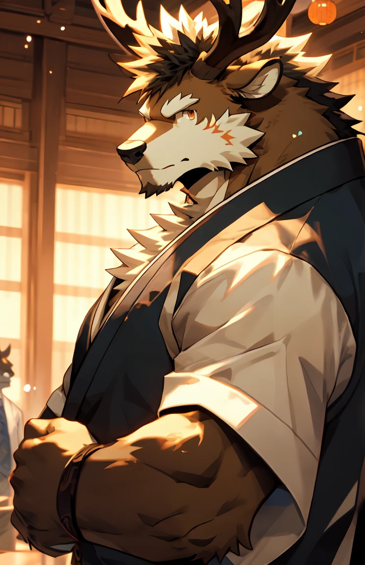(by sollyz),Elk,bynamic angle,depth of field, motion blur, absurdres,looking at viewer, (best quality), (masterpiece), (ultra detailed),(detailed eyes),sharp focus,japanese anime,male,pants,
,handsome,class room，
strong,epic,